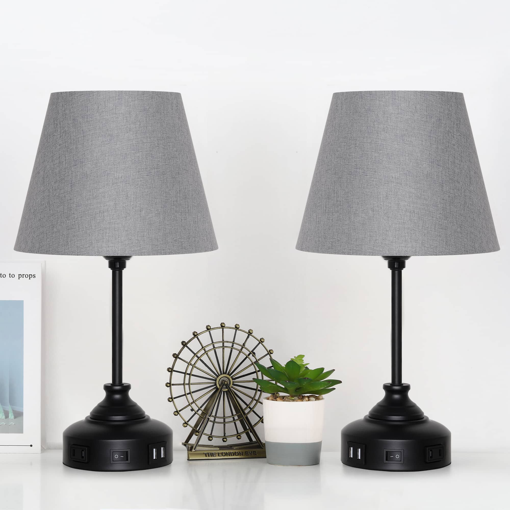 Oumilen - Set of 2 Bedside Table Lamps with USB Charging Ports & AC Outlet (Bulb Not Included)