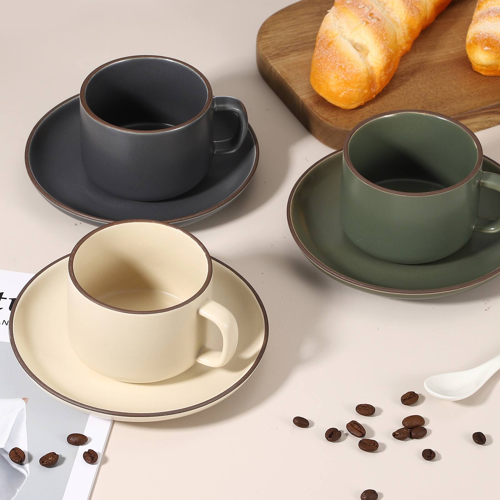 Alt View 4. Unique Bargains - Handmade Vintage Espresso Cups, 8oz Coffee Cups & Saucers Ceramic Tea Cup w/Handle, Microwave Safe for Home Office Gifts - Pure Gray Blue.
