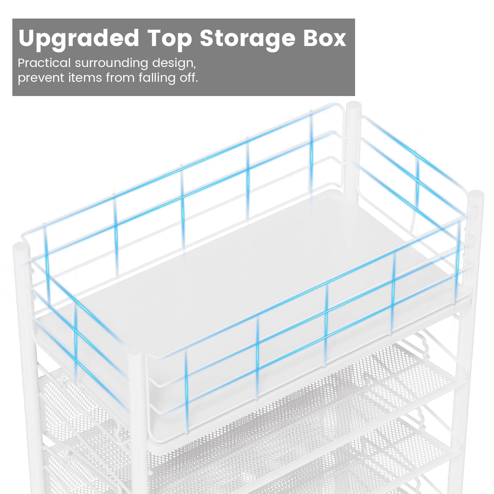 Upgraded Top Storage Box  
Practical surrounding design, prevent items from falling off.