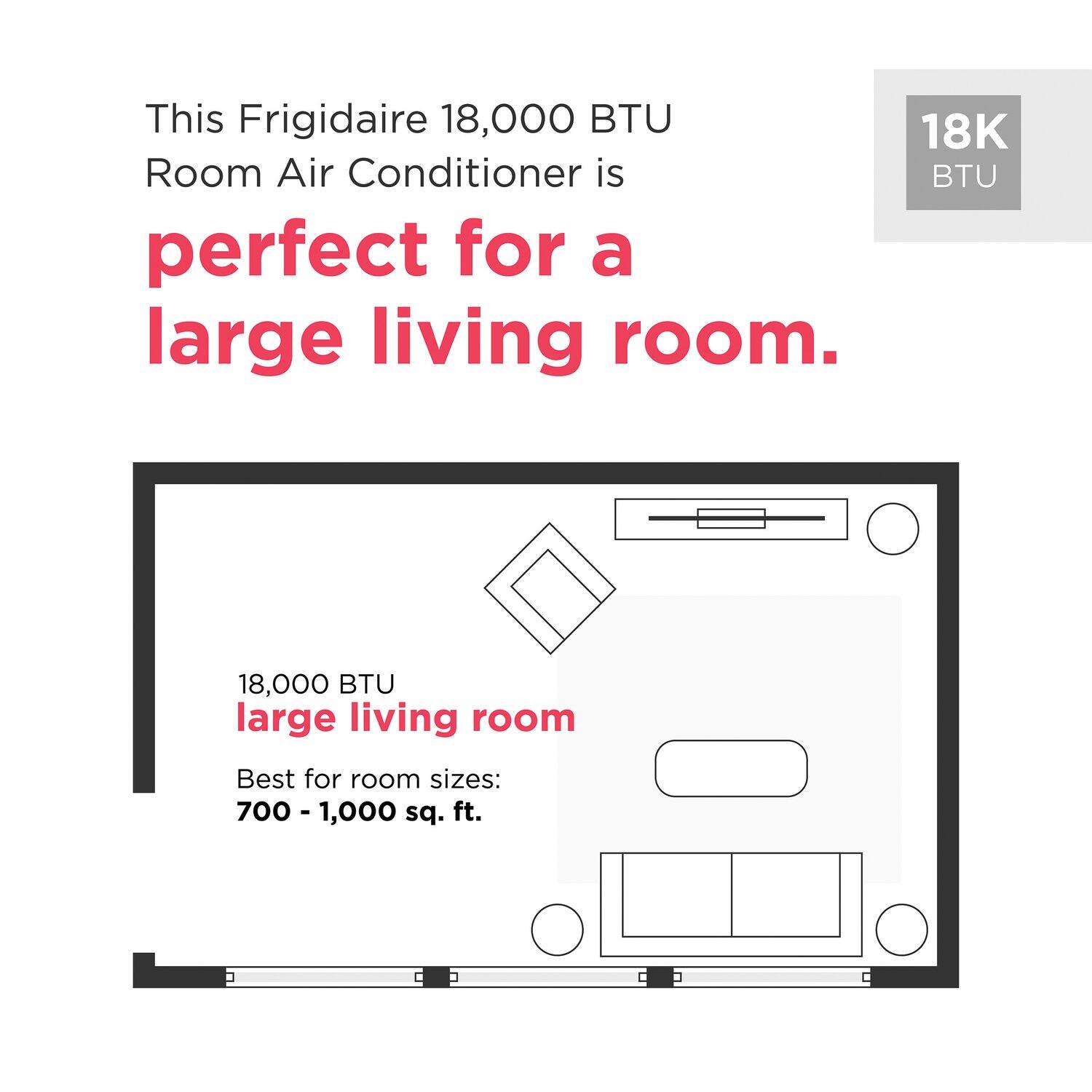 This Frigidaire 18,000 BTU Room Air Conditioner is perfect for a large living room. 

18,000 BTU large living room

Best for room sizes: 700 - 1,000 sq. ft.