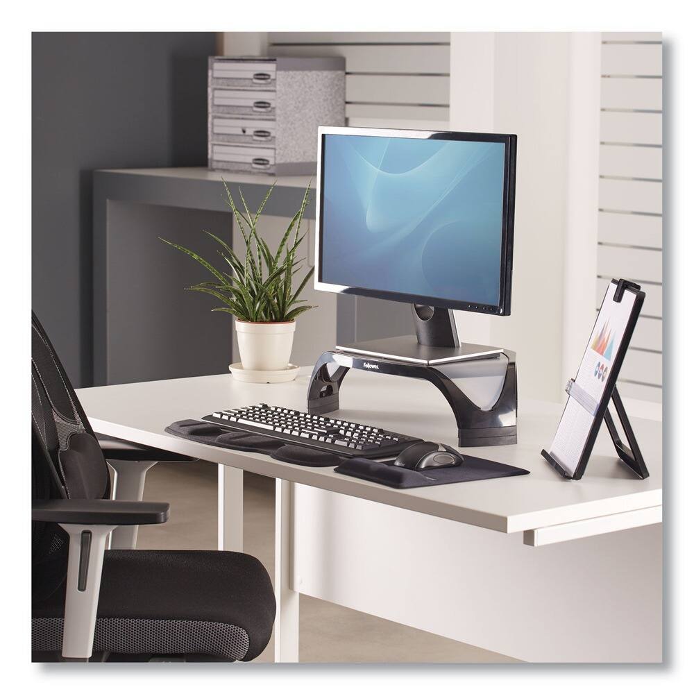 Back. Fellowes - Smart Suites 18.5 in. x 12.5 in. x 3.88 in. to 5.13 in. Corner Monitor Riser for 21 in. Monitors - Black/Clear Frost.