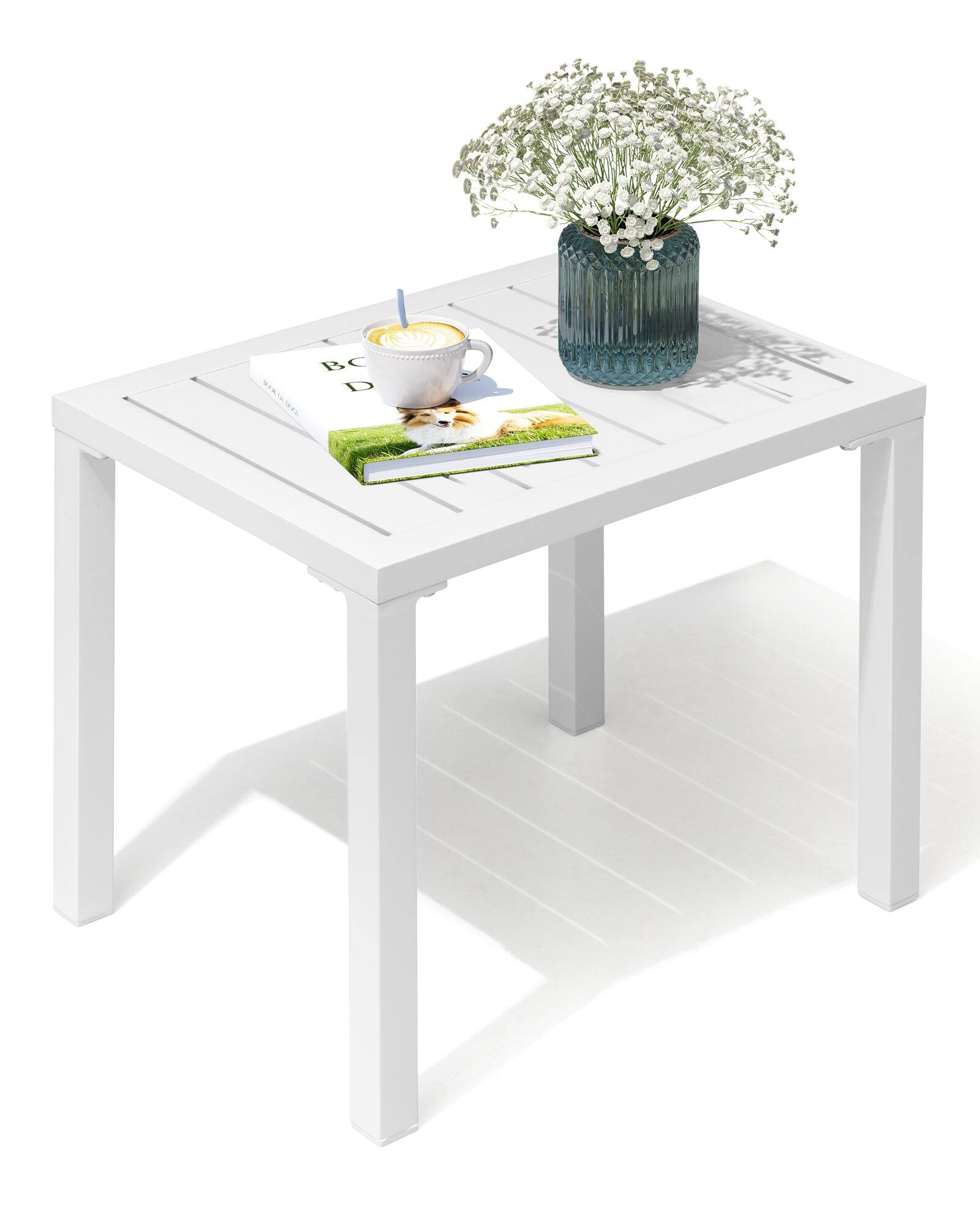 Crestlive Products - Aluminum Rectangular Patio Side Table, Small Outdoor Bistro Coffee Table - White