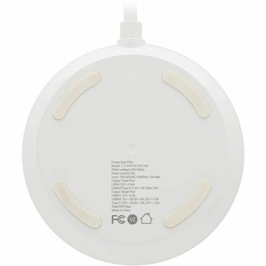 Power Strip PAD  
Model: TLP28PD57WCAM  
Rated voltage: 120V 60Hz  
Rated current: 10A  
Input: 100-240VAC 50/60Hz 1.0A Max  
Output:  
- Three Port  
  - USBA1: 5V-2.4A  
  - USBA2: 5V-2.4A  
  - Type-C1: 5V-3A, 9V-2A, 12V-1.5A  
  - Total: 15W  
- Single Port  
  - USBA1: 5V-3A, 9V-2A, 12V-1.5A  
  - Type-C1: 5V-3A, 9V-2A, 12V-1.5A  
- Total: 30W Max  
Made in China  
FC VI