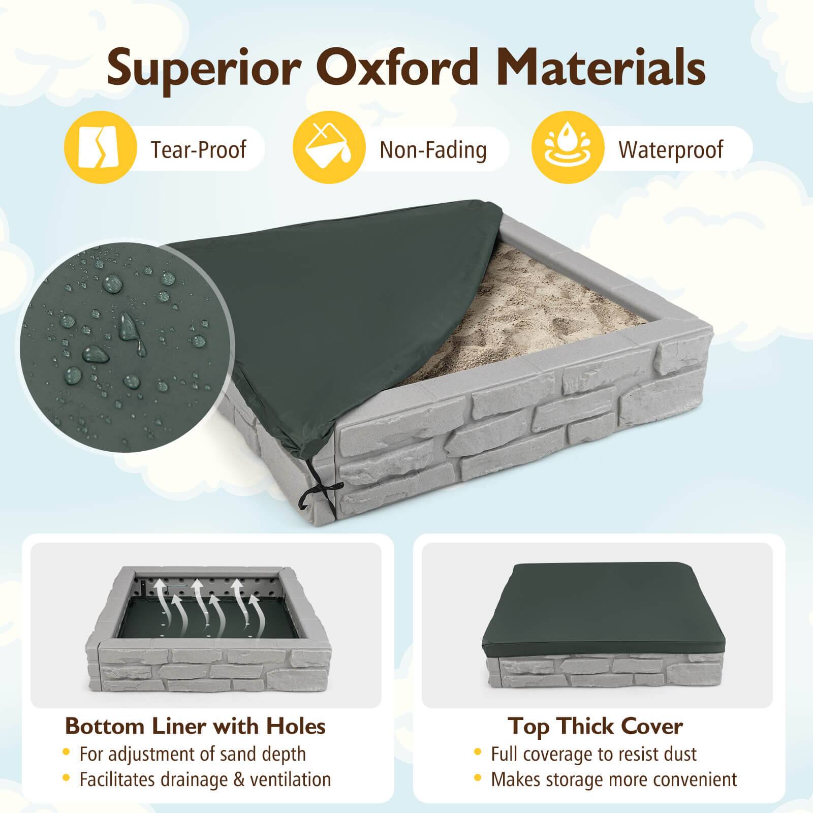 Superior Oxford Materials

- Tear-Proof
- Non-Fading
- Waterproof

Bottom Liner with Holes
- For adjustment of sand depth
- Facilitates drainage & ventilation

Top Thick Cover
- Full coverage to resist dust
- Makes storage more convenient