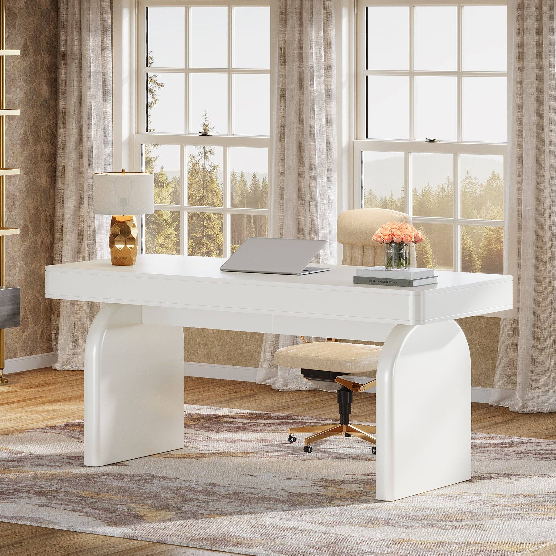 Back. Tribesigns - Office Executive Desk with Engineered Wood Construction, Storage Drawers, for Computer Work and Writing in Home Offices - White.