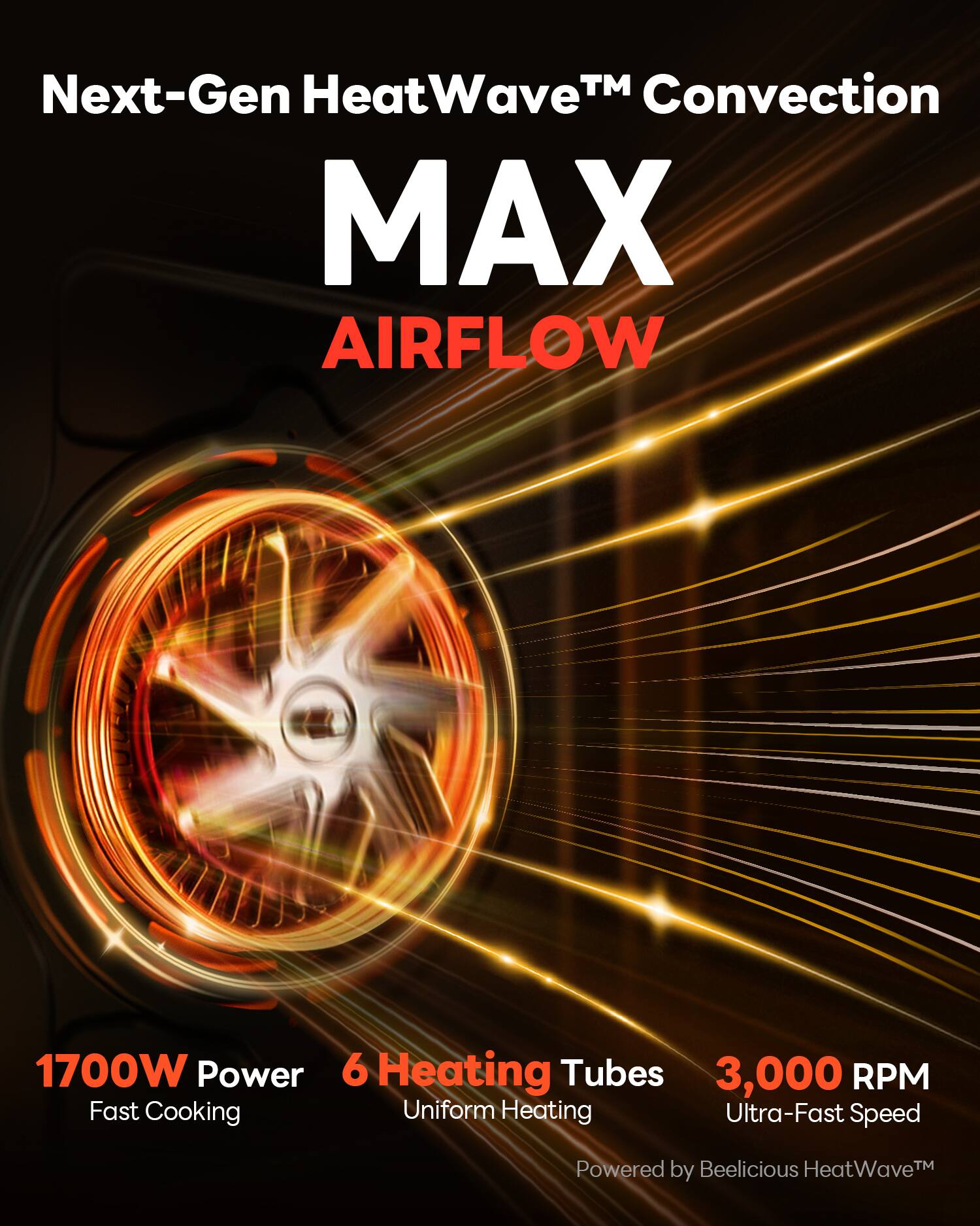 Next-Gen HeatWave™ Convection MAX AIRFLOW

1700W Power
6 Heating Tubes
3,000 RPM

Fast Cooking
Uniform Heating
Ultra-Fast Speed

Powered by Beelicious HeatWave™
