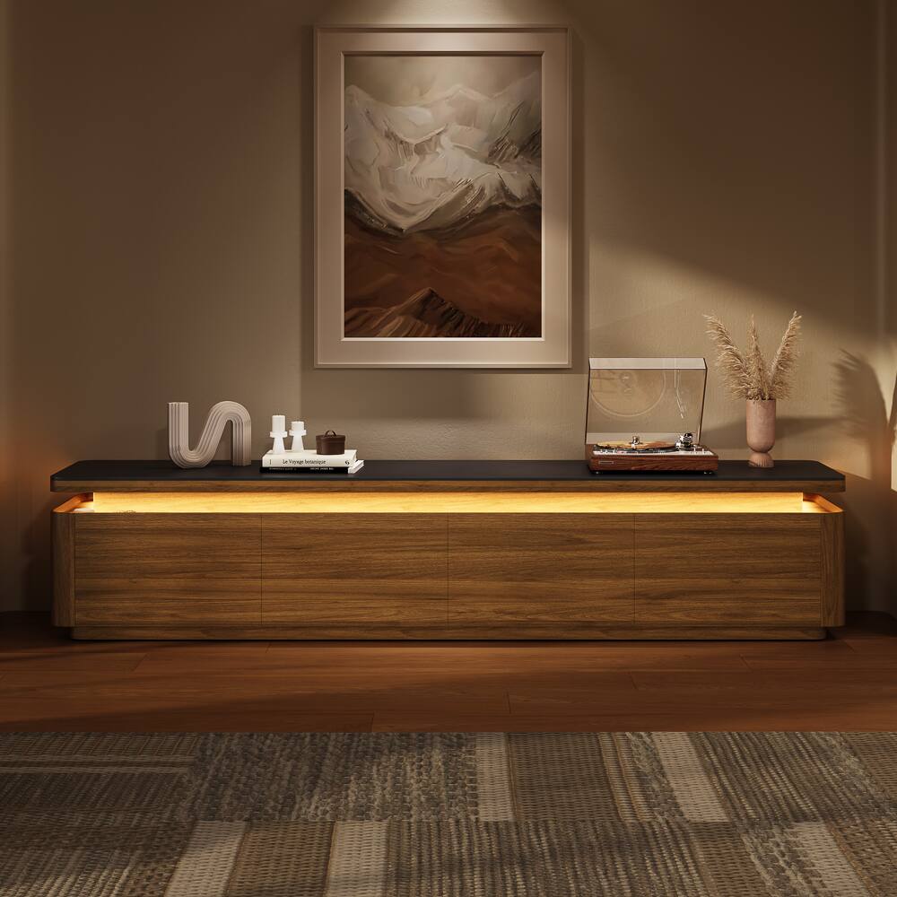 Angle. POVISON - 79" Fully Assembled Black Matte Sintered Stone Mid-Century TV Stand with LED Lights and Drawers for 65 to 75 In TVs - Dark Wood & Black.