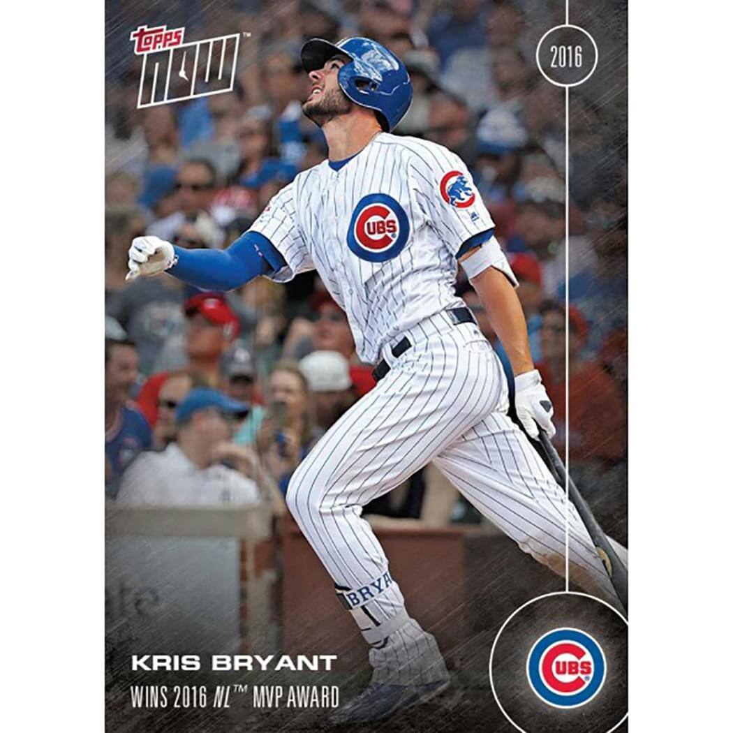 Sure, here is the corrected and grouped text from the image:

---

**Topps 100**

**2016**

**Kris Bryant**

**Wins 2016 NL™ MVP Award**

**CUBS**

---

This text is arranged as it appears on the card.