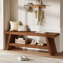 Tribesigns - Office Reception Bench with Solid Wood Construction, Storage Shelves, for Office Entryways and Waiting Areas - Brown