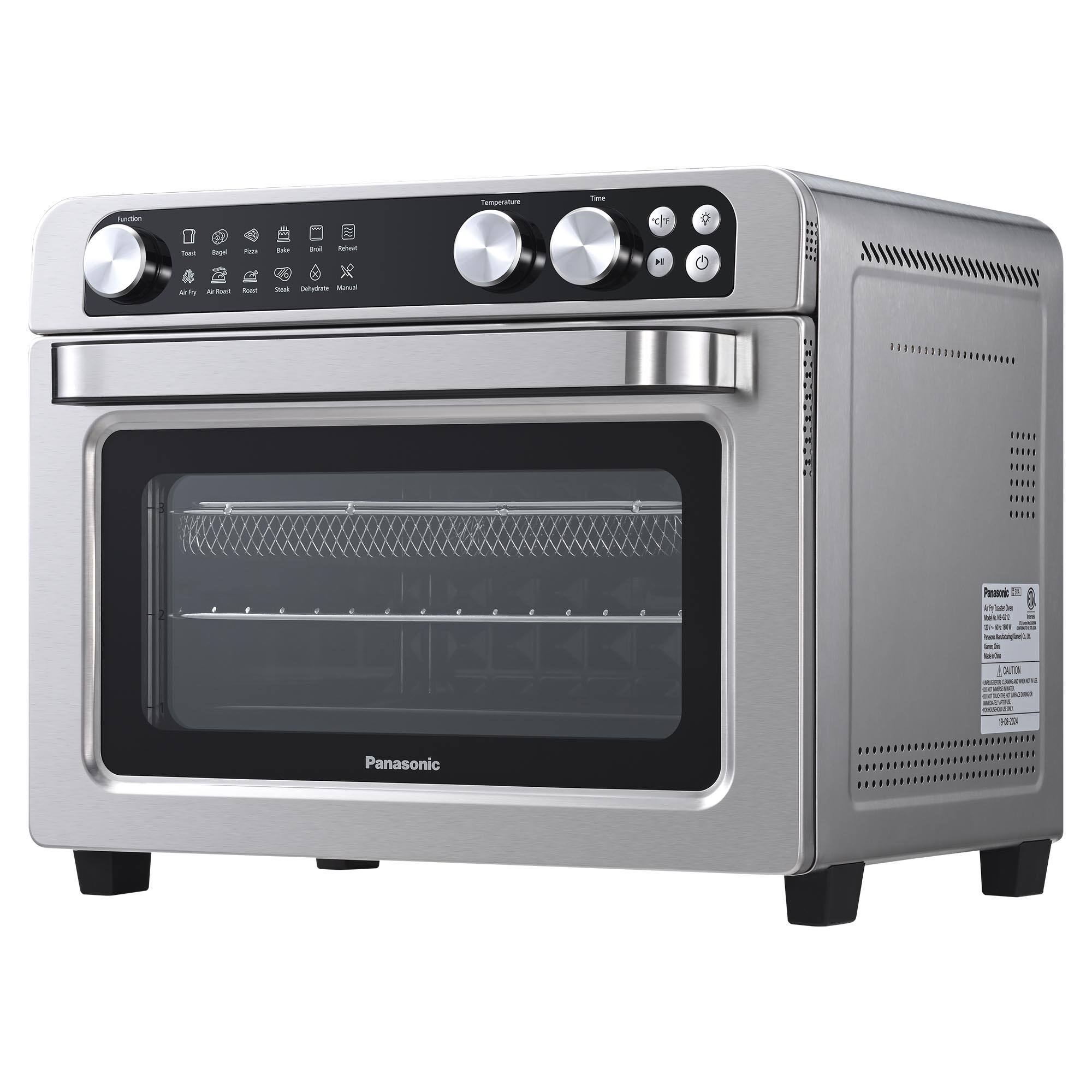 The image features a Panasonic microwave oven with a silver exterior. The microwave has a clear glass door, and it is sitting on a counter. The oven has a digital display and control panel, which allows for precise temperature and time settings. The microwave is designed to cook food quickly and efficiently, making it a convenient appliance for busy households.