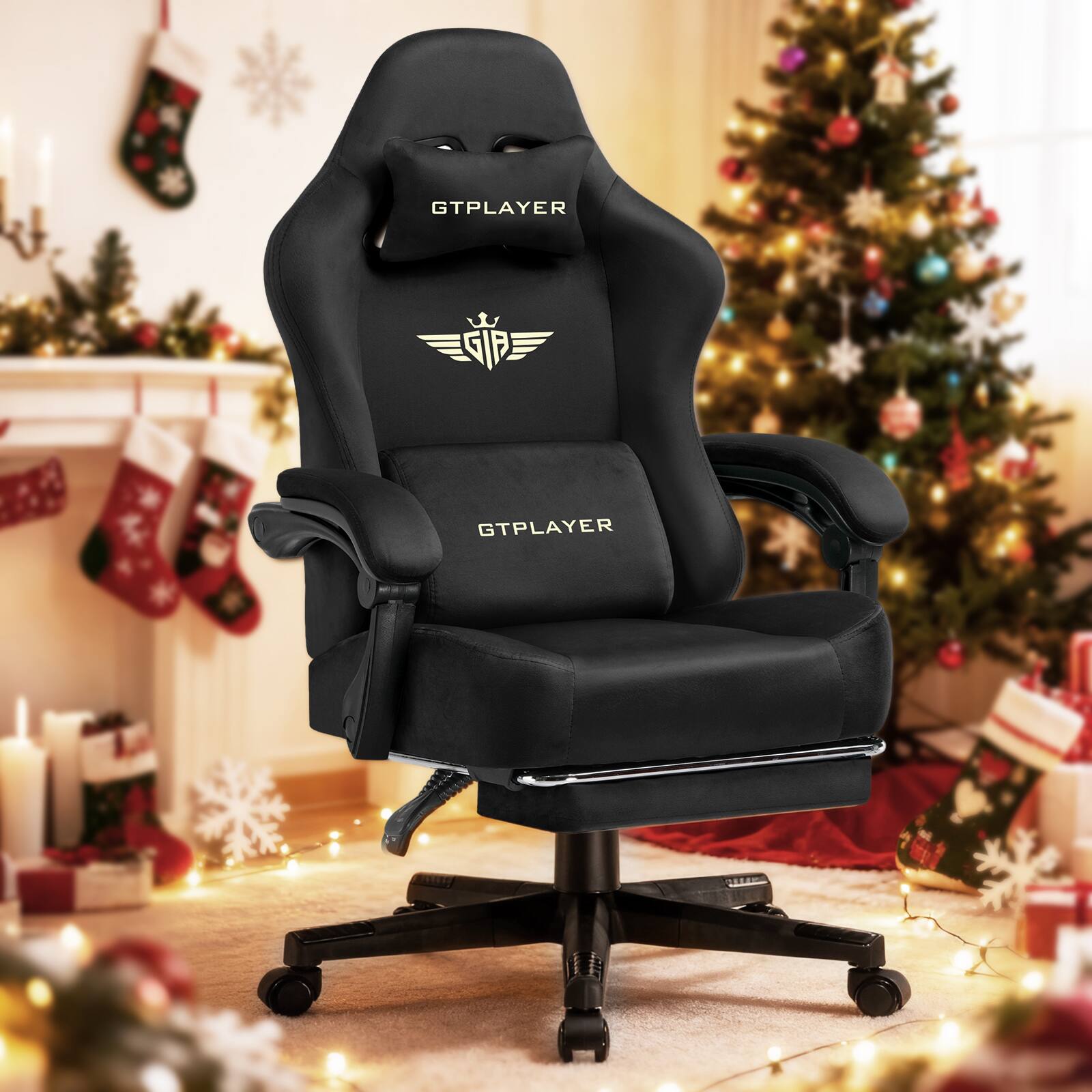 GTPlayer - Gaming Chair Fabric with Pocket Spring Cushion High Back Computer Chair - Black