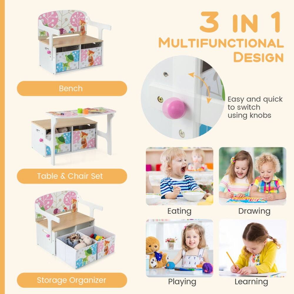 3 IN 1 MULTIFUNCTIONAL DESIGN  
Bench  
Table & Chair Set  
Storage Organizer  

Easy and quick to switch using knobs  

Eating  
Drawing  
Playing  
Learning