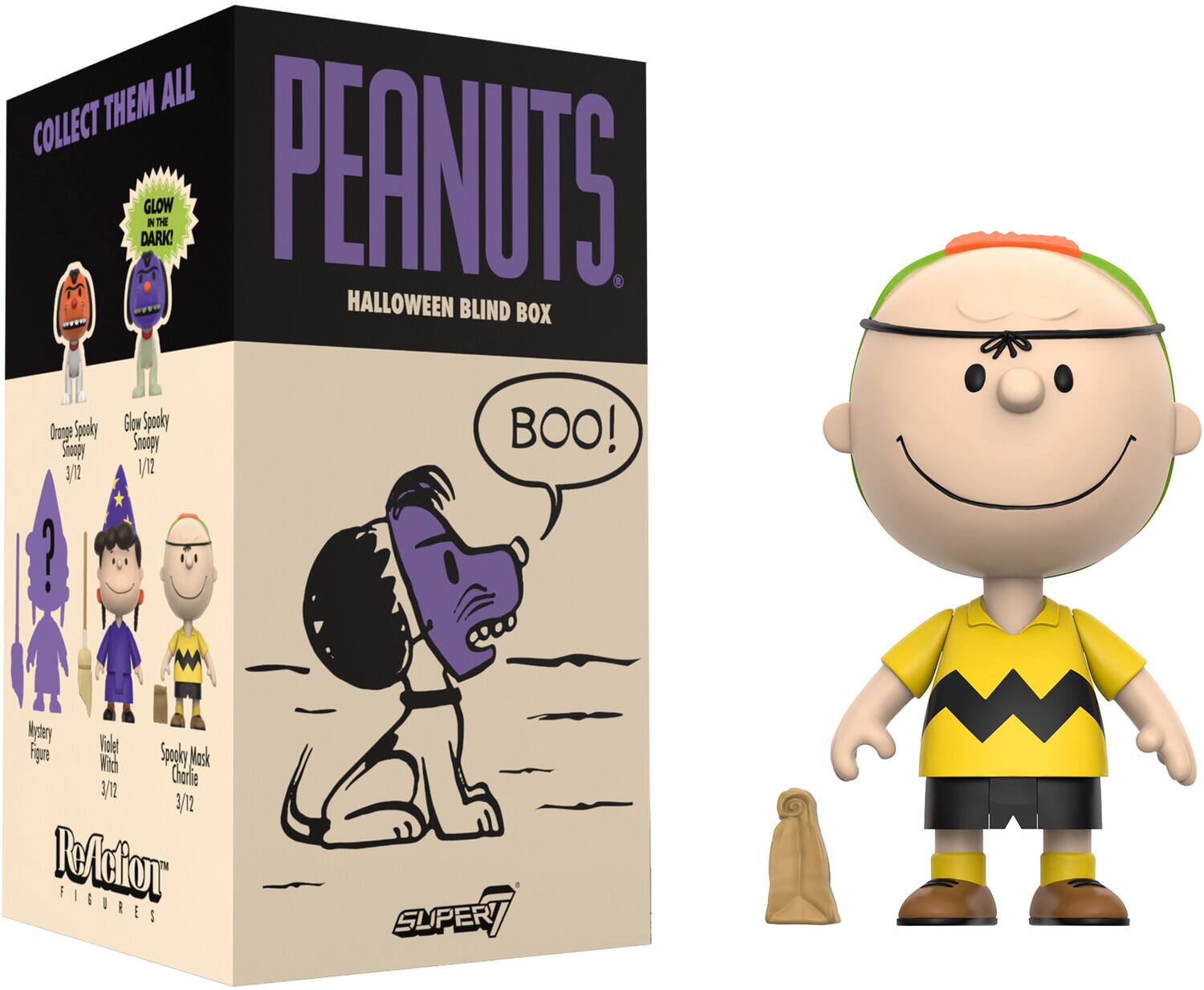 Collect them all! Glow in the dark! Peanuts Halloween Blind Box. Orange Spooky Snoopy /1 1/12. Glow Spooky Snoopy /1 1/12. Mystery Figure /1 1/12. Violet Witch /3 1/12. Spooky Mask Charlie /3 1/12. ReAction Figures.