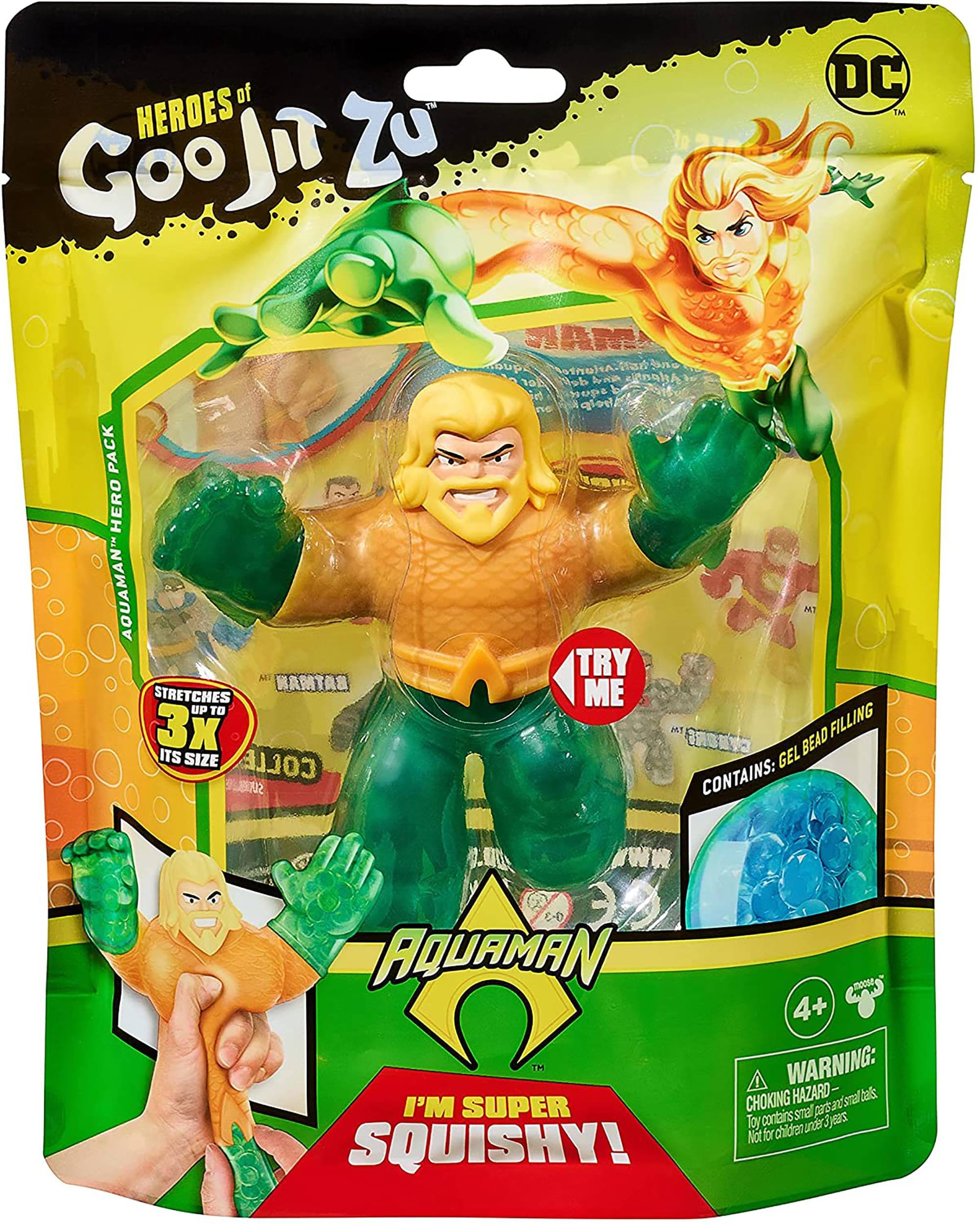 of DC HEROES™ Goojirzu Ju AIEAR Alente ad ene er Mob Ni Adens glod PACK HERO AQUAMAN N.3 TRY AIT BATMAN STRETCHES ME UP TO 3x FILLING ITS CONONS GEL BEAD SIZE COLLE SOU CONTAINS: 0-3 AQUAMAN TH I'M SUPER SQUISHY! mce 4+ WARNING: CHOKING HAZARD- Contains small parts. Not for children under 3 years.