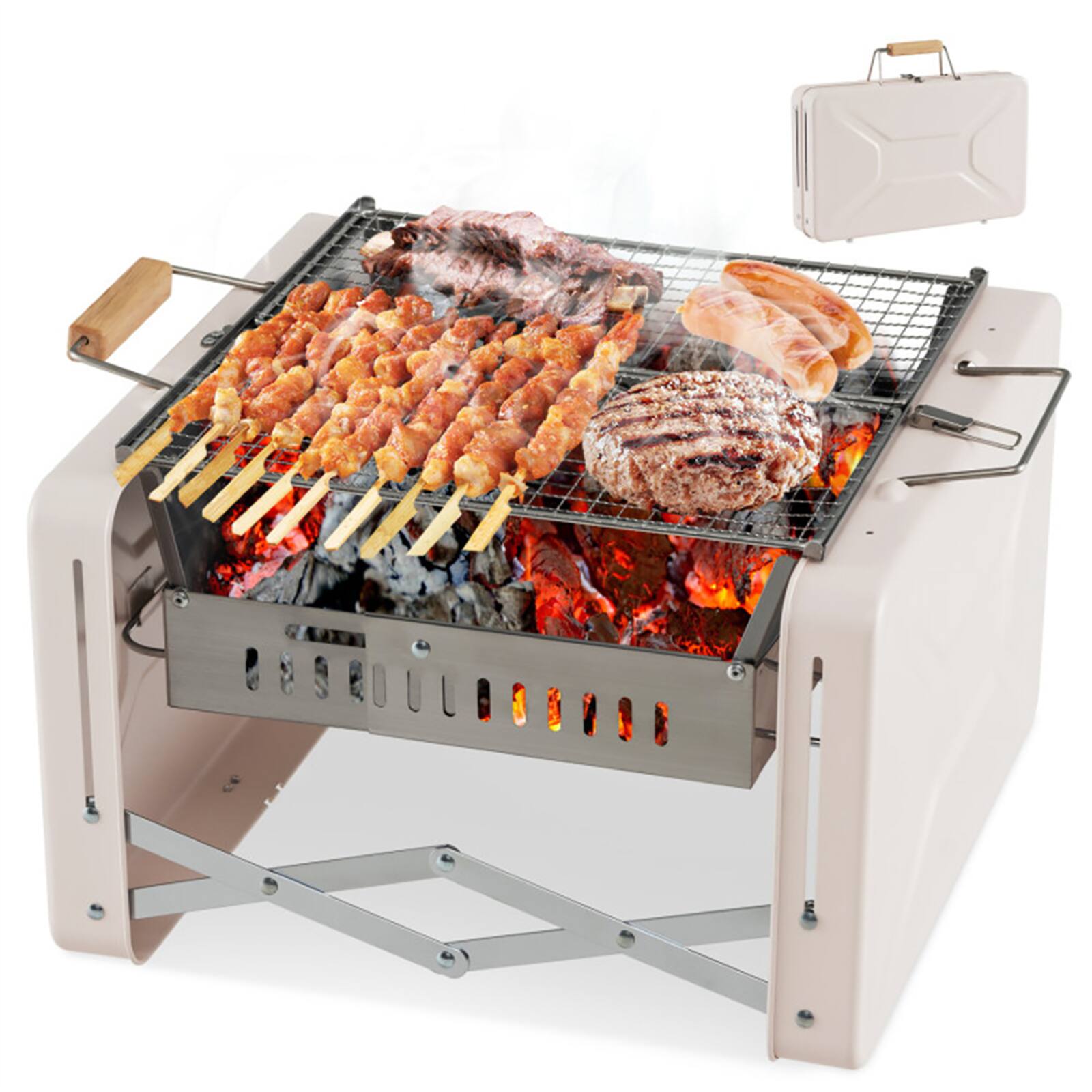 Front. Chateau Abodes - Portable Folding Charcoal Grill with 2 Stainless Steel Nets, Charcoal Box & Insulated Wood Handle - Beige.
