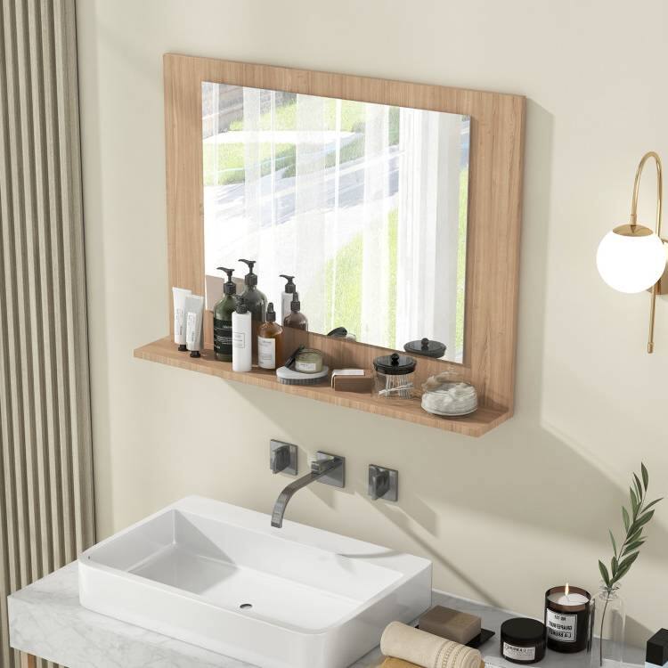 Angle. Hivvago - Rectangular 23 x 17 inch Bathroom Wall Mirror with Shelf in Brown Wood Finish - Brown Wood Finish.