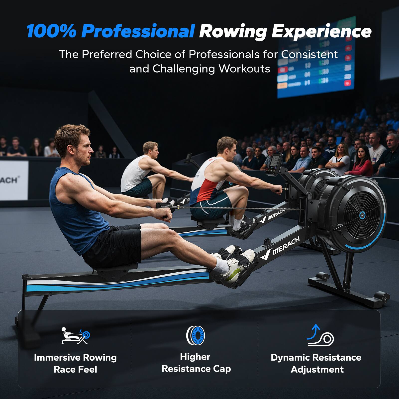100% Professional Rowing Experience  
The Preferred Choice of Professionals for Consistent and Challenging Workouts  

- Immersive Rowing Race Feel  
- Higher Resistance Cap  
- Dynamic Resistance Adjustment
