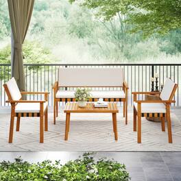 Mondawe - 4-Piece Freestanding Acacia Wood Patio Set with Loveseat, 2 Chairs & Table - Off White+White