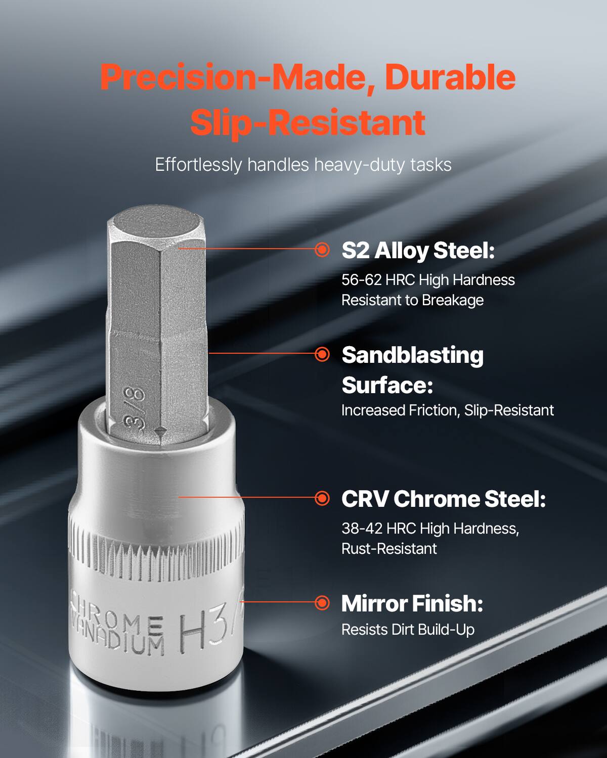 Precision-Made, Durable Slip-Resistant

Effortlessly handles heavy-duty tasks

- S2 Alloy Steel:
  - 56-62 HRC High Hardness
  - Resistant to Breakage

- Sandblasting Surface:
  - Increased Friction, Slip-Resistant

- CRV Chrome Steel:
  - 38-42 HRC High Hardness
  - Rust-Resistant

- Mirror Finish:
  - Resists Dirt Build-Up