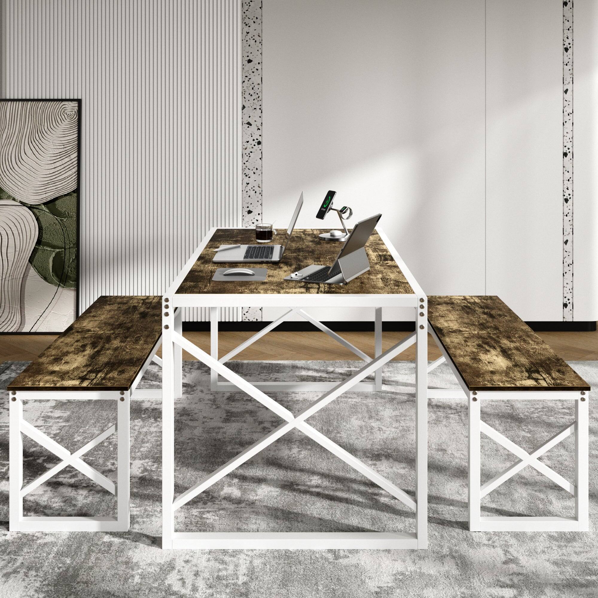 Alt View 1. Vecelo - Dining Set: 55" Table & 2 Benches - Space Saving Design, Easy Assembly, Metal Frame, 4-Person Family Dining - Dark Brown.