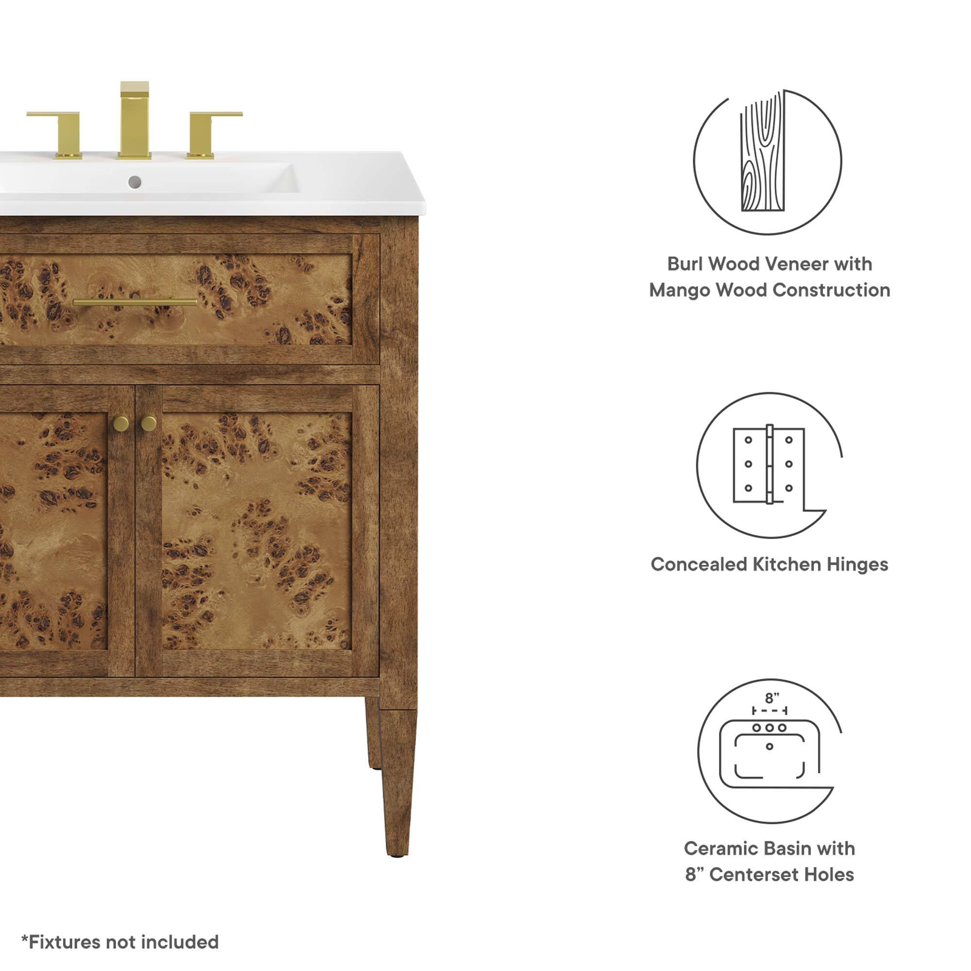 Burl Wood Veneer with Mango Wood Construction  
Concealed Kitchen Hinges 8"  
Ceramic Basin with 8" Centerset Holes  
*Fixtures not included