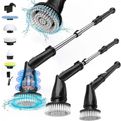Front. Tasvac - EB5 Electric Spin Scrubber, Shower Cleaner Brush with 5 Replaceable Cleaning Heads, For Bathtub Floor Kitchen - Black.