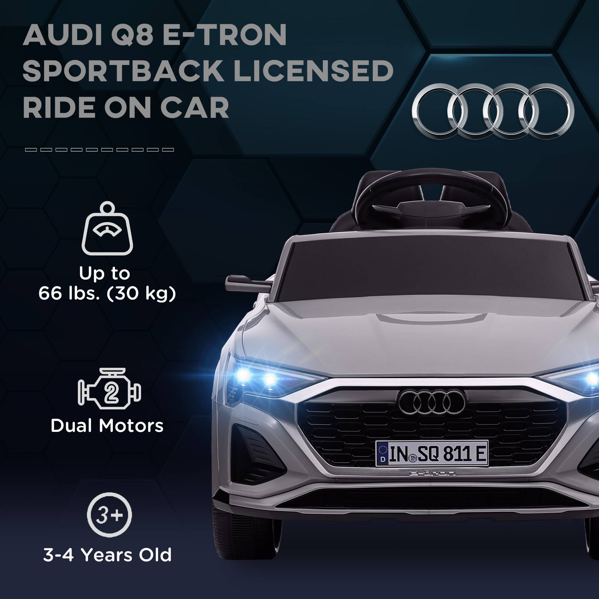 AUDI Q8 E-TRON SPORTBACK LICENSED RIDE ON CAR

- Up to 66 lbs. (30 kg)
- Dual Motors
- 3+ Years Old
- 3-4 Years Old

IN SQ 811 E