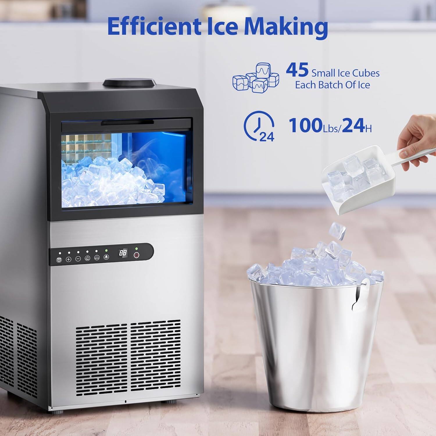 Efficient Ice Making

45 Small Ice Cubes Each Batch Of Ice

100Lbs/24H