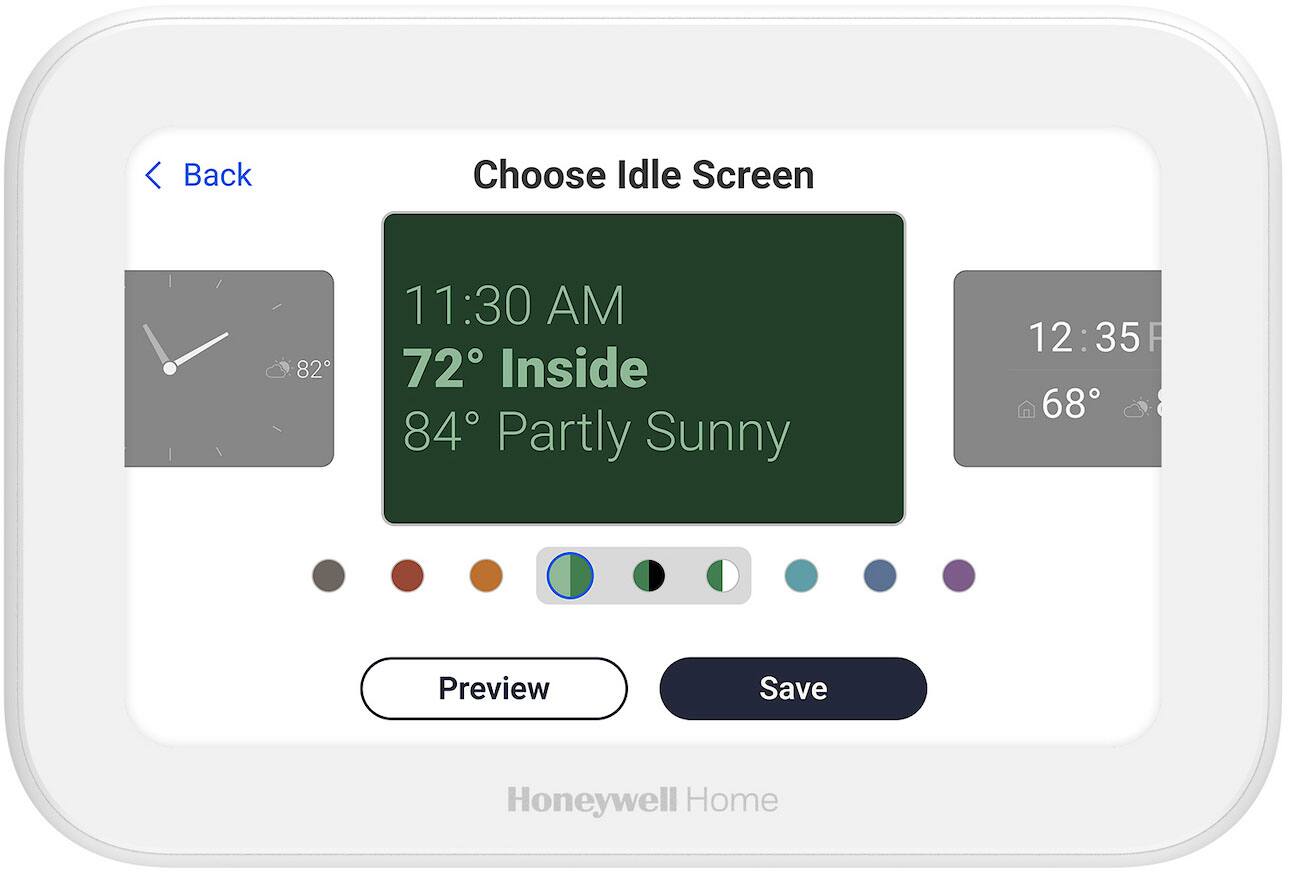 Back  
Choose Idle Screen  

11:30 AM  
72° Inside  
84° Partly Sunny  

Preview  
Save  

Honeywell Home