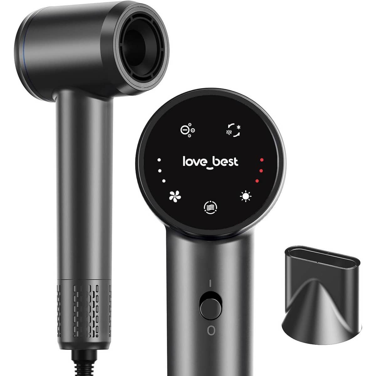 Love Best - Hair Dryer with Touchscreen, Quiet Lightweight High-Speed Blow Dryer with Magnetic Nozzle, Soft-Touch Matte Finish - Gray