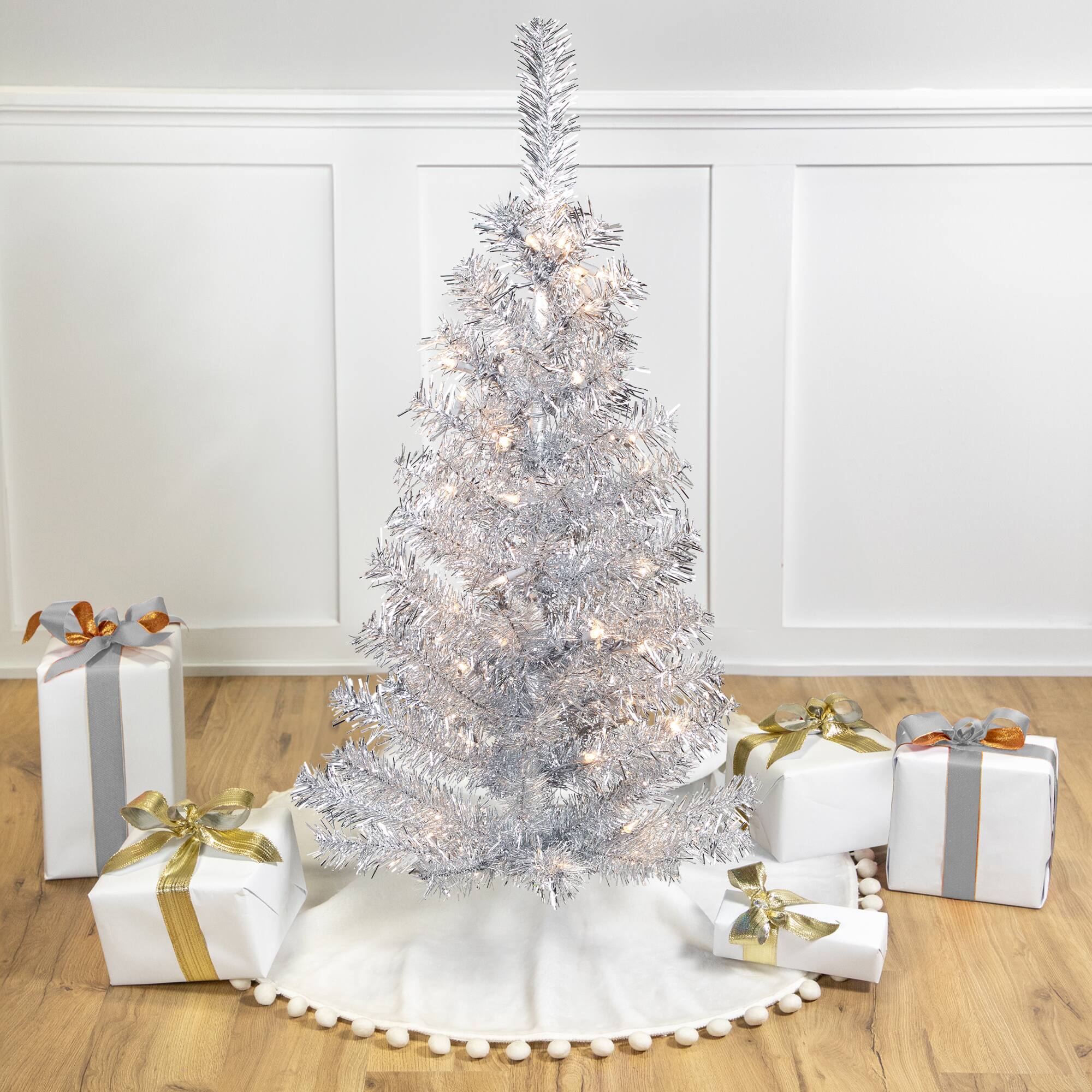 Northlight - Pre-Lit Artificial Tinsel Christmas Tree - 3' - Clear Lights - Silver