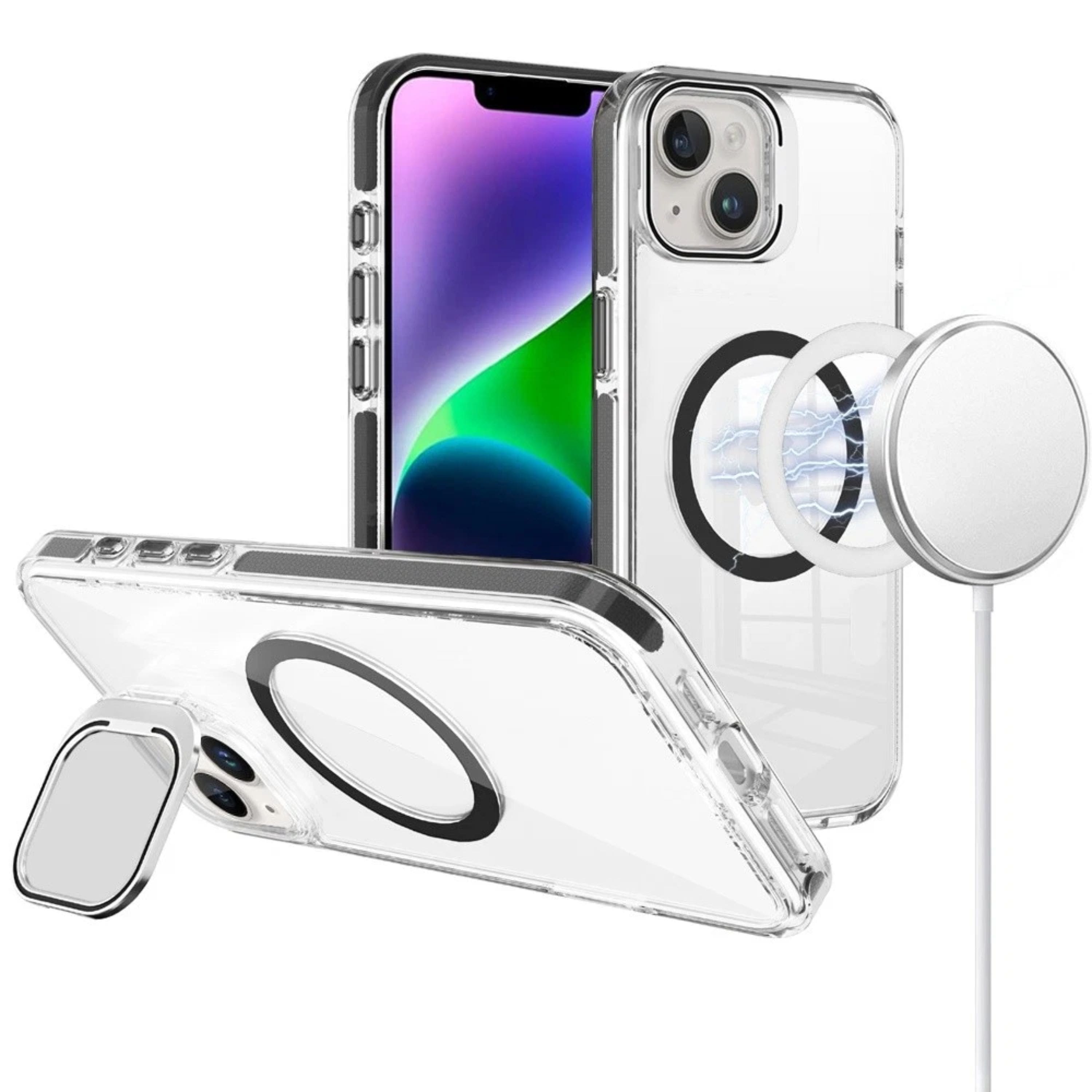 Kitcheniva - Camera Stand Magnetic Charging Case With Tempered Glass For iPhone 13/14 - Black
