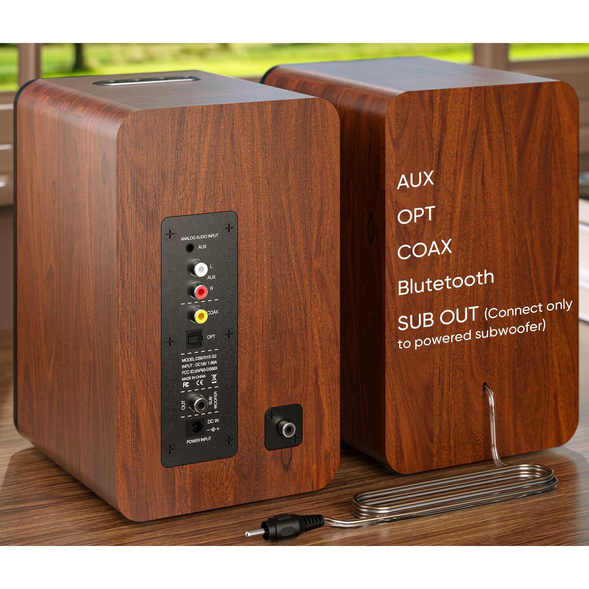 **Left Speaker:**

- ANALOG AUDIO INPUT
  - AUX (L, R)
  - COAX
  - OPT

- OUTPUT
  - SUB OUT

- POWER INPUT
  - DC IN

**Right Speaker:**

- AUX
- OPT
- COAX
- Bluetooth
- SUB OUT (Connect only to powered subwoofer)