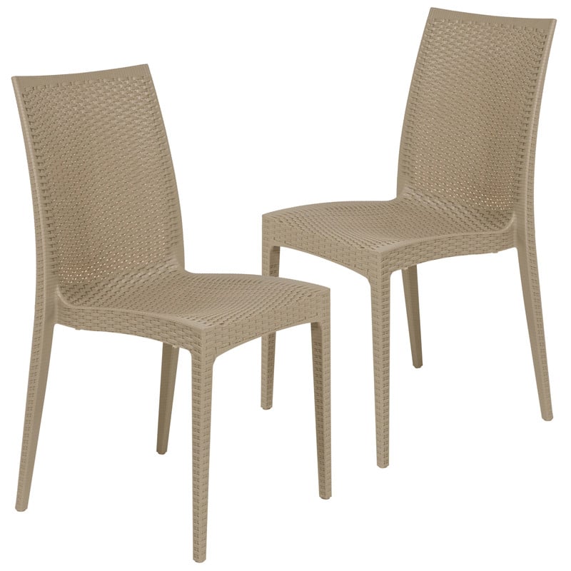 LeisureMod - Mace 2-Pieces Modern Ergonomic Dining Chair with Stackable and Wicker Style - Taupe
