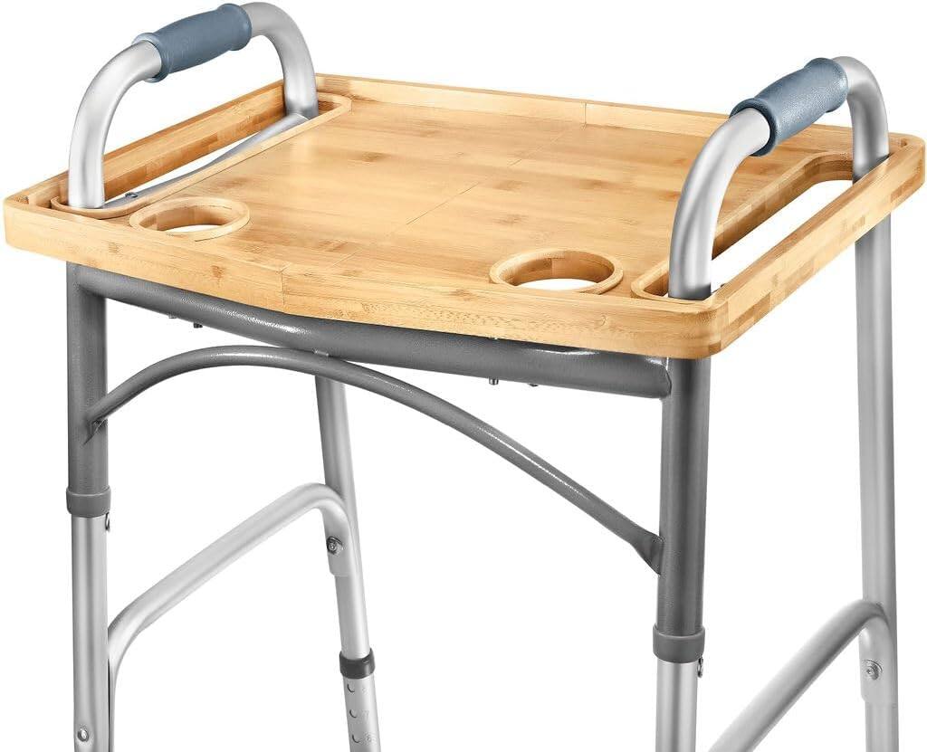 Angle. Medical King - Walker Tray Table with Cup Holder – Portable Wood Tray for Folding Walkers, 21x16" - Beige.