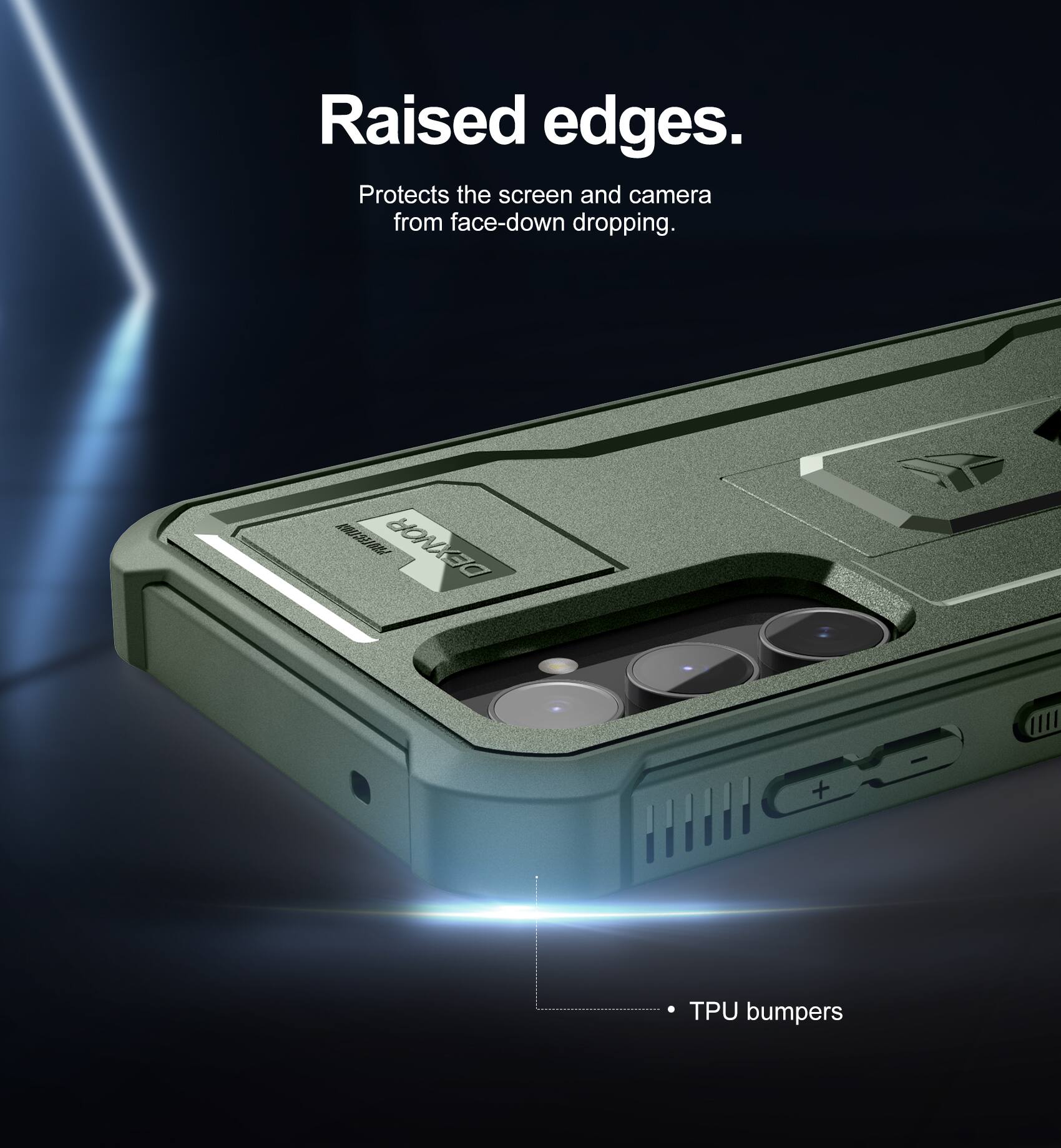Raised edges.  
Protects the screen and camera from face-down dropping.  

DEXNOR + TPU bumpers