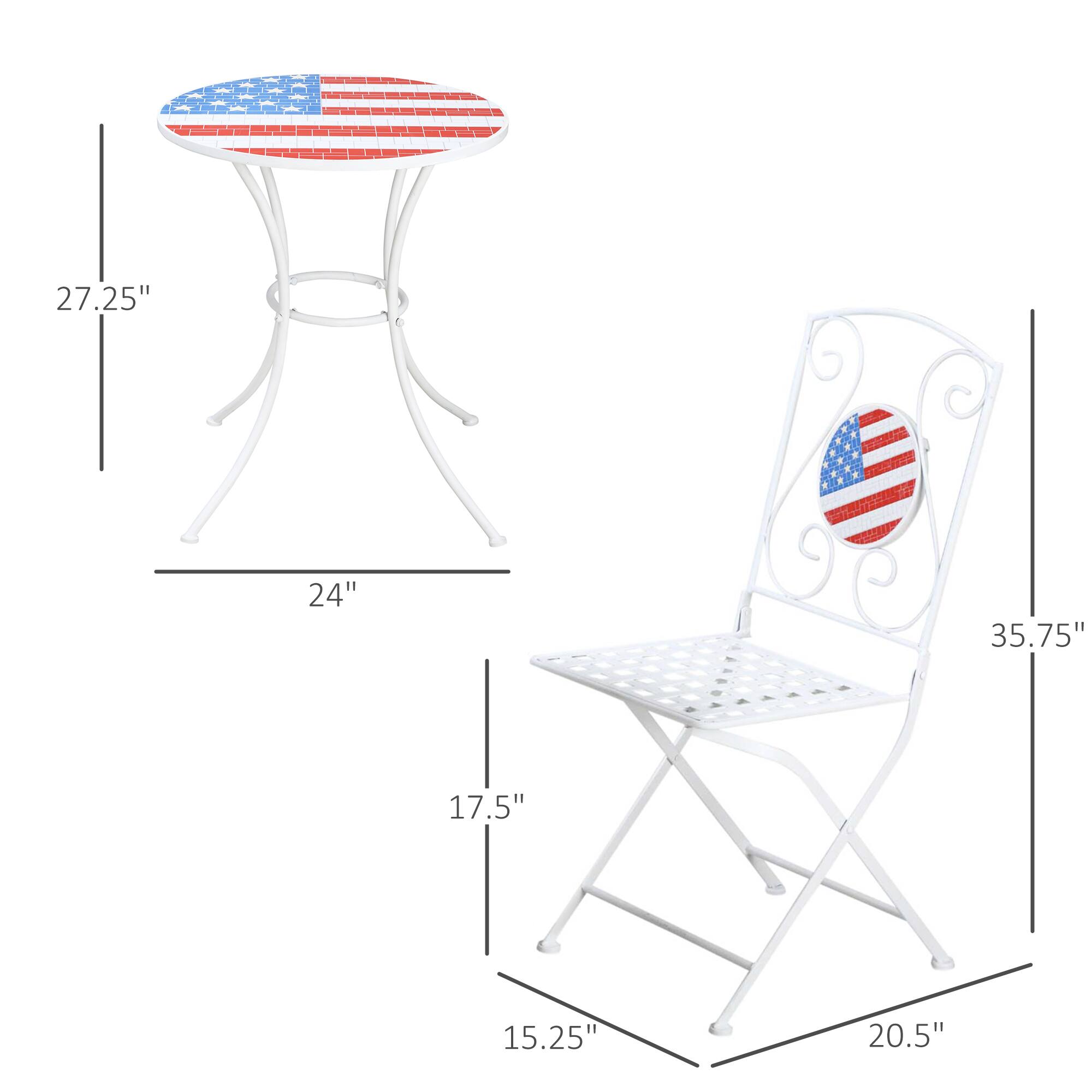- Table:
  - Height: 27.25"
  - Diameter: 24"
  - Depth: 17.5"

- Chair:
  - Height: 35.75"
  - Seat Height: 15.25"
  - Width: 20.5"