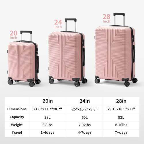 20 Inch  
24 Inch  
28 Inch  

20in  
24in  
28in  

Dimensions  
21.6"x13.7"x8.2"  
25"x15.7"x9.8"  
29.1"x18.5"x11"  

Capacity  
38L  
60L  
93L  

Weight  
6.8lbs  
7.92lbs  
8.16lbs  

Travel  
1-4 days  
4-7 days  
7+ days