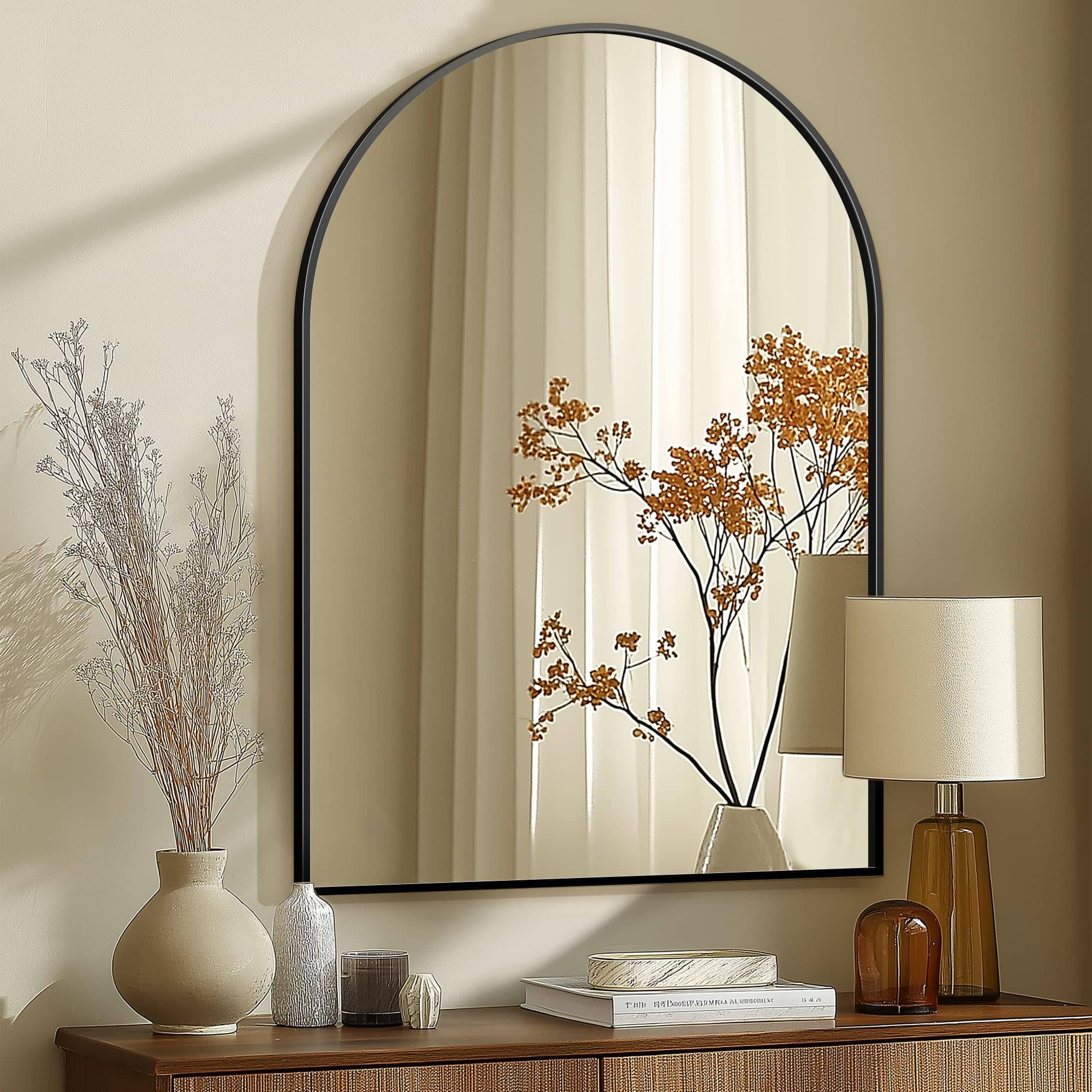 Empire DigiLabs - Arched Wall Mirror For Bathroom Mirrors 24 x36 Vanity Bedroom Dresser Entryway Living Room Metal Frame 36 x24 - Matte Black 40"L x 28"W