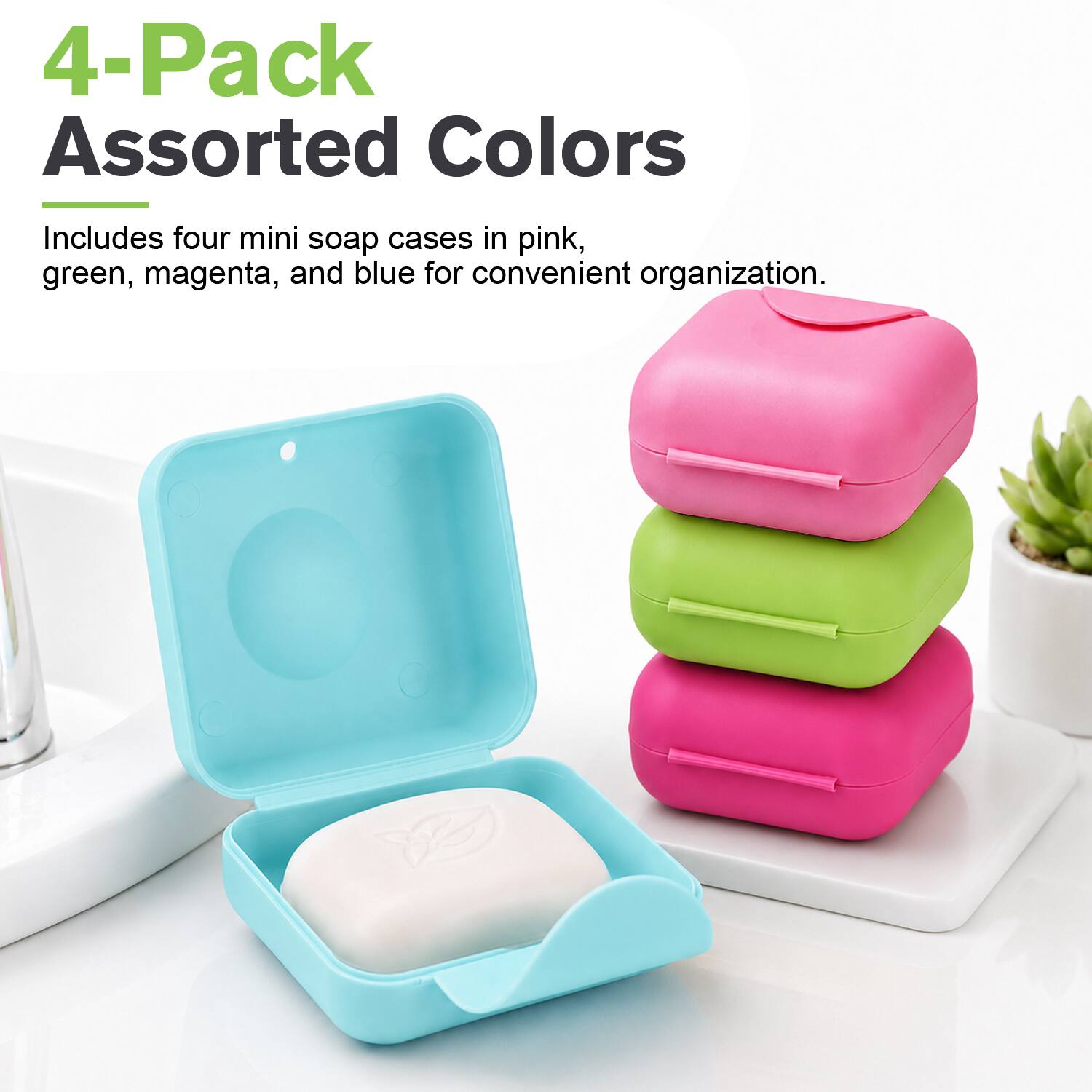 4-Pack Assorted Colors

Includes four mini soap cases in pink, green, magenta, and blue for convenient organization.