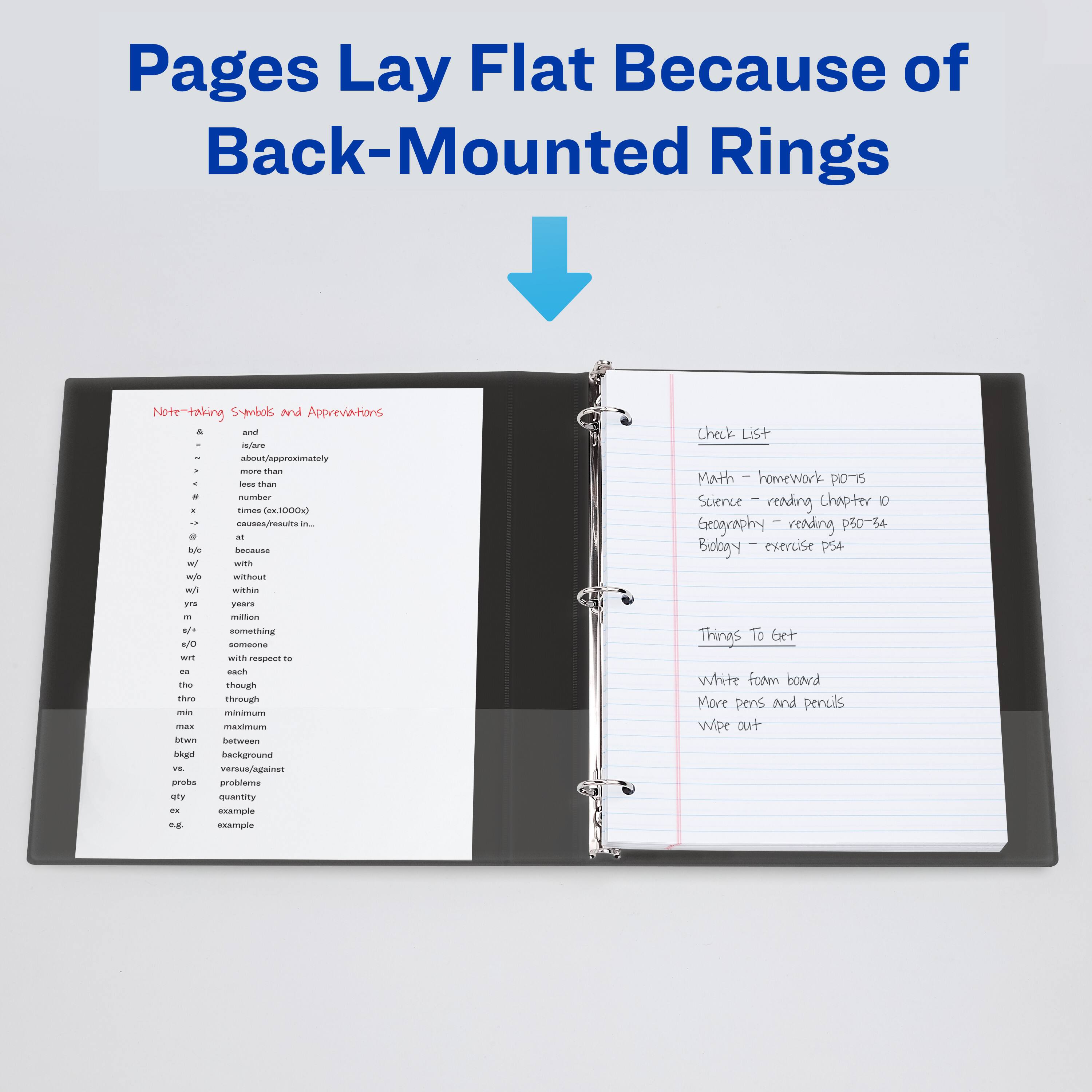 Pages Lay Flat Because of Back-Mounted Rings

Note-taking Symbols and Abbreviations

- & - and
- ~ - about/approximately
- > - more than
- < - less than
- # - number
- OTSES - cause/results in...
- CRX1000 - number (1000x)
- m - million
- w/ - with
- w/o - without
- w/i - within
- yr - years
- m - million
- s/o - someone
- wrt - with respect to
- ea - each
- tho - though
- min - minimum
- max - maximum
- btw - between
- bkgd - background
- prob - problem
- qty - quantity
- ex - example

Check List

- Math - homework P10-15
- Science - reading chapter 10
- Geography - reading P30-34
- Biology - exercise P54

Things To Get

- White foam board
- More pens and pencils
- Wipe out