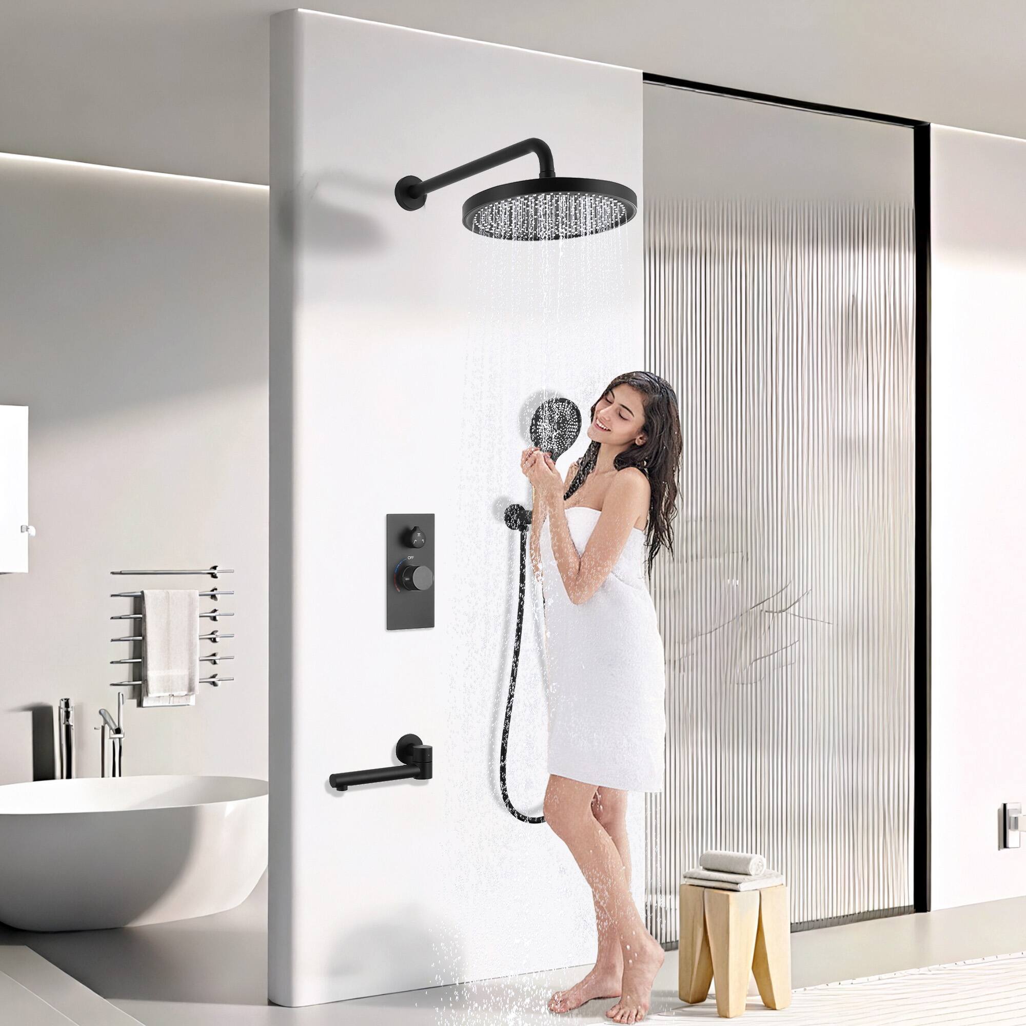 Alt View 4. Akoasm - 3-Function Shower System with 10" Rain Shower & Handheld, Solid Brass Valve, 304 Stainless, Bath/Shower Combo-Black - Matte Black.