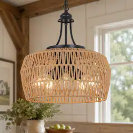 RYHNUYNE - Large 5-Light Coastal Farmhouse Rattan Chandelier,Boho Pendant Light Fixture for Dining Room - Brown
