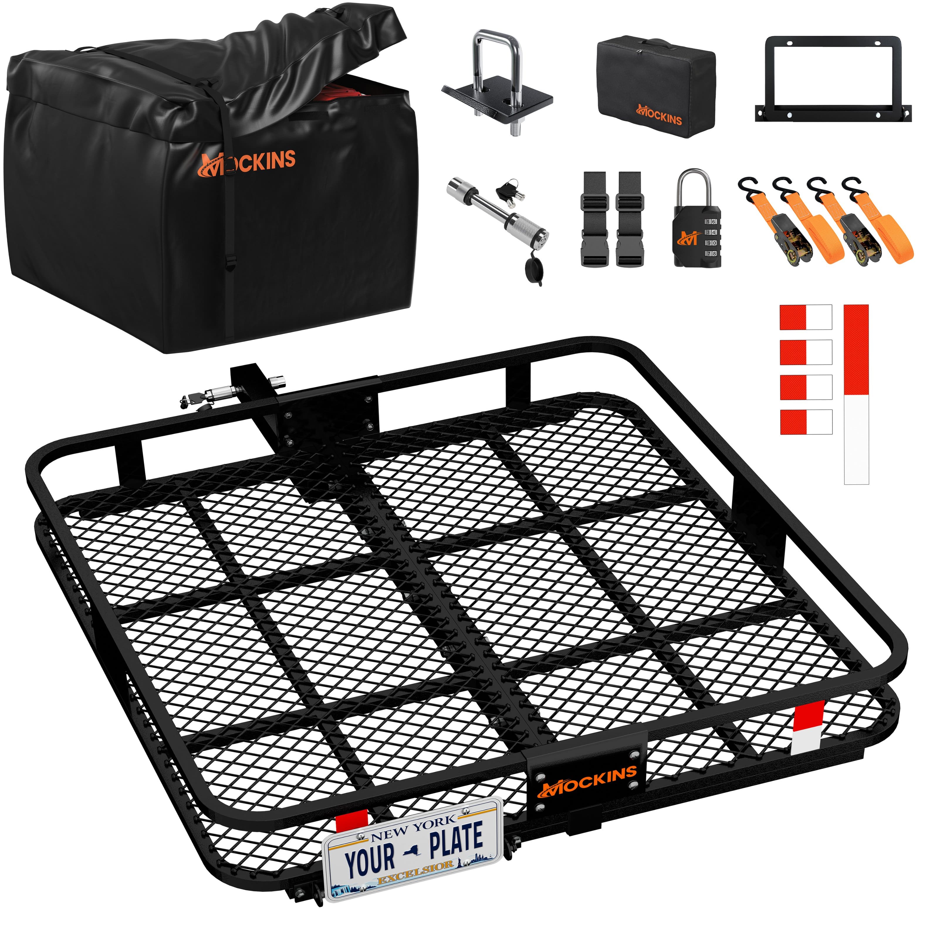 Mockins - 40 in. x 40 in x 6 in. Square Cargo Carrier Hitch Rack w/ 30 Cu Ft. Square Carrier Bag, License Plate Bracket and More