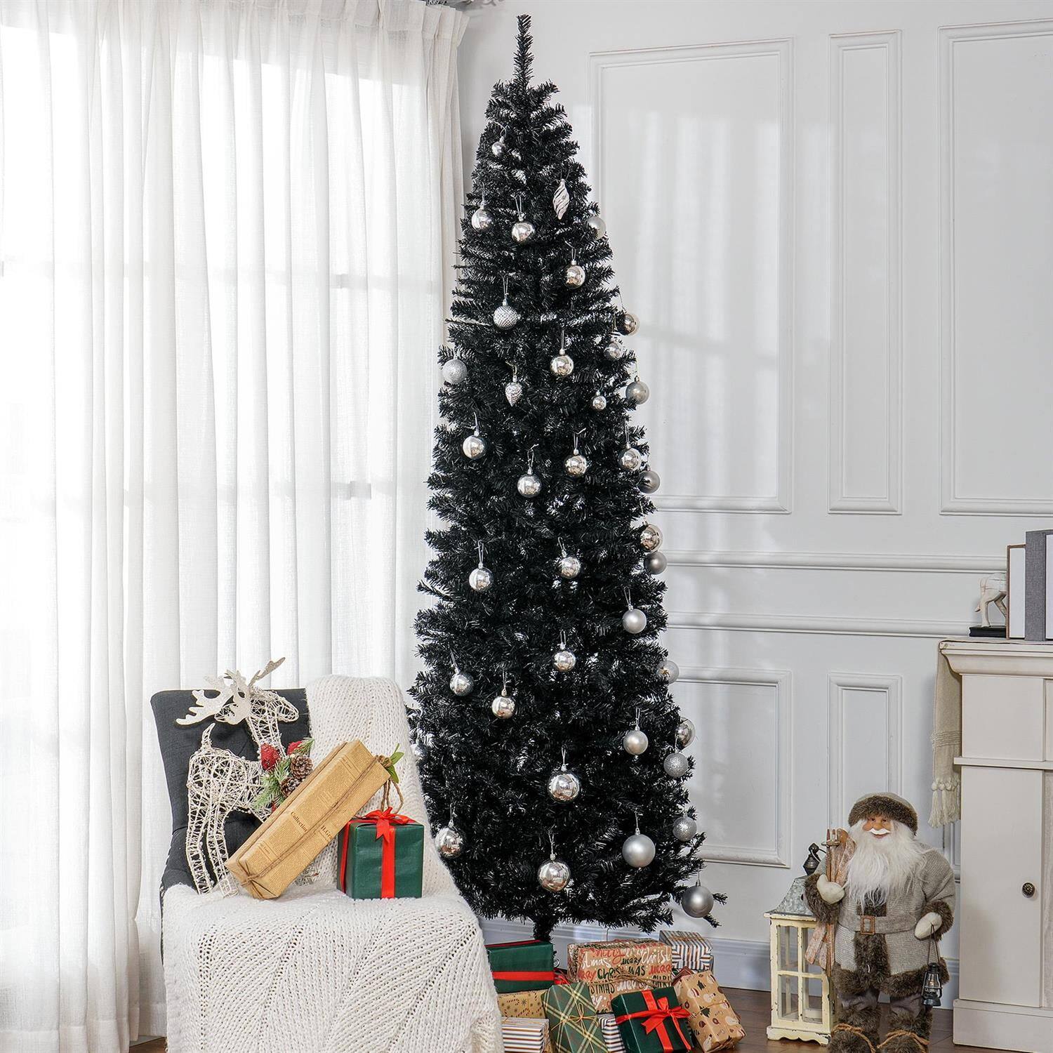 Pefilos - 8ft Tall Artificial Pencil Christmas Tree with Stand and 1168 Tips for Home Decor & Festive Events - Black