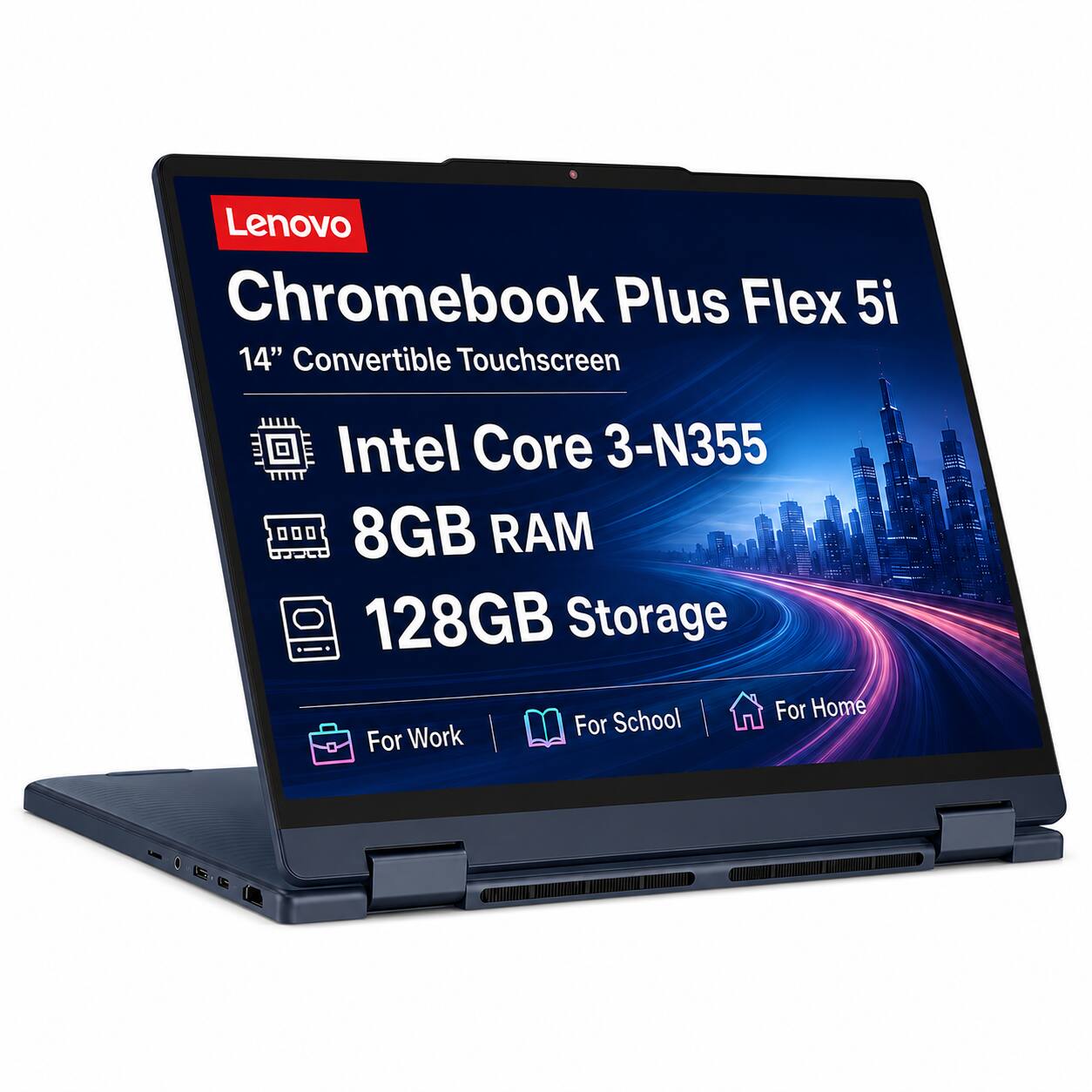 Lenovo Chromebook Plus Flex 5i 14" Convertible Touchscreen Intel Core 3-N355 8GB RAM 128GB Storage For Home For School For Work