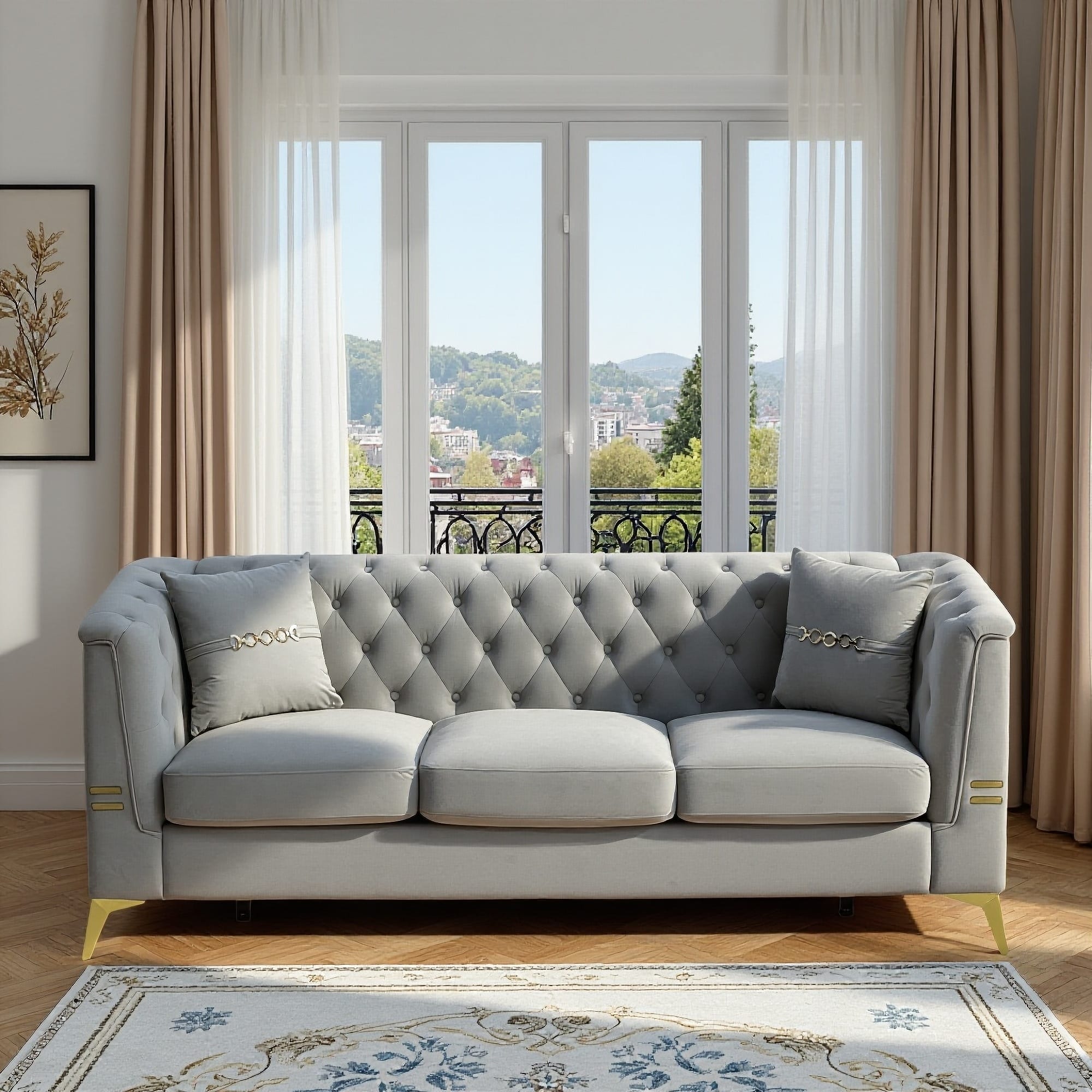 Anysun - 82.7" Velvet 3-Seat Chesterfield Sofa with Gold Legs - Modern Tufted Design, Includes 2 Pillows. - Gray