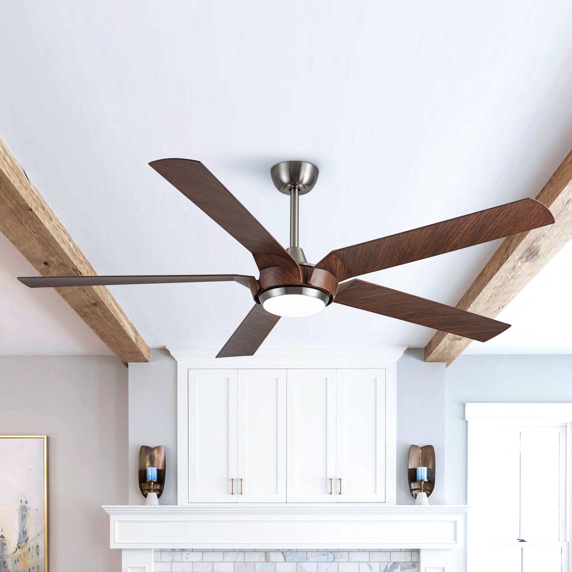 Angle. Parrot Uncle - 65" Farmhouse Ceiling Fan with LED Light and Remote - Brushed Nickel.