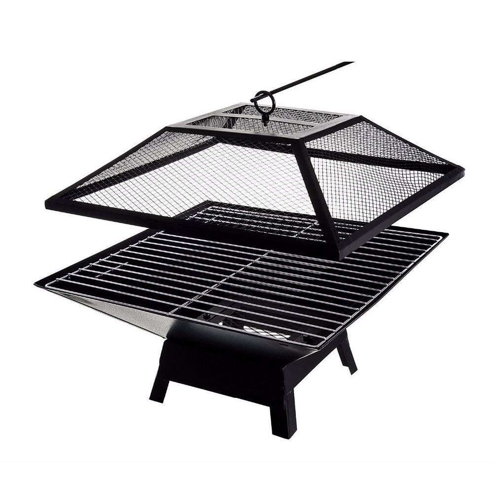 Alt View 2. Spaco - Square Portable Fire Pit, BBQ Party Firepit with Mesh Lid, Poker for Safety and Stability - Black.