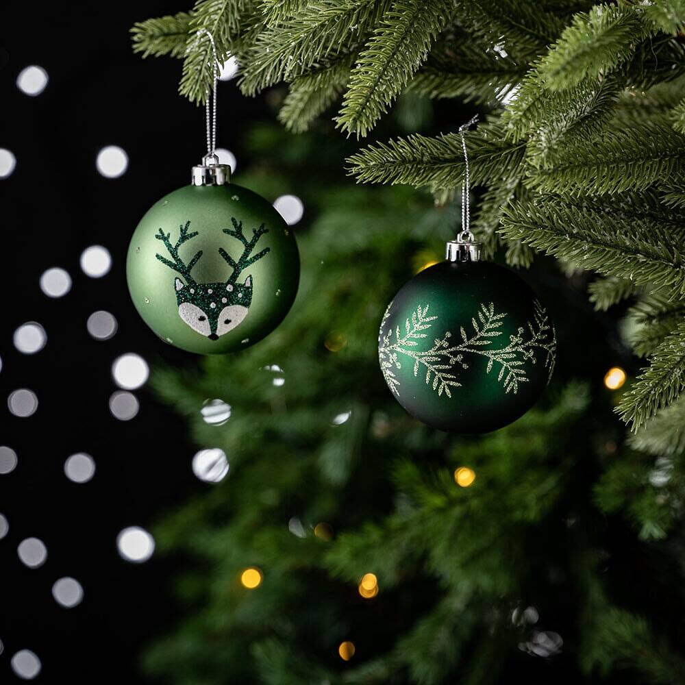 Alt View 1. OrnamentallyYou - Unique Spruce Leaf and Woodland Deer Patterned Christmas Bauble Ball Set of Four - Multi-colored.